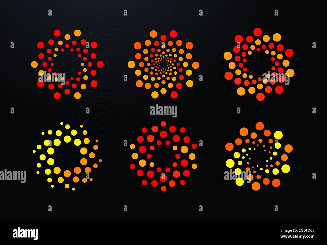 Set di logo Bubbles Points Dots, modello di logo rotondo a spirale arancione. Uragano astratto, vortice, sole, segno della ruota calda, icona di connessione alla rete, virus Illustrazione Vettoriale