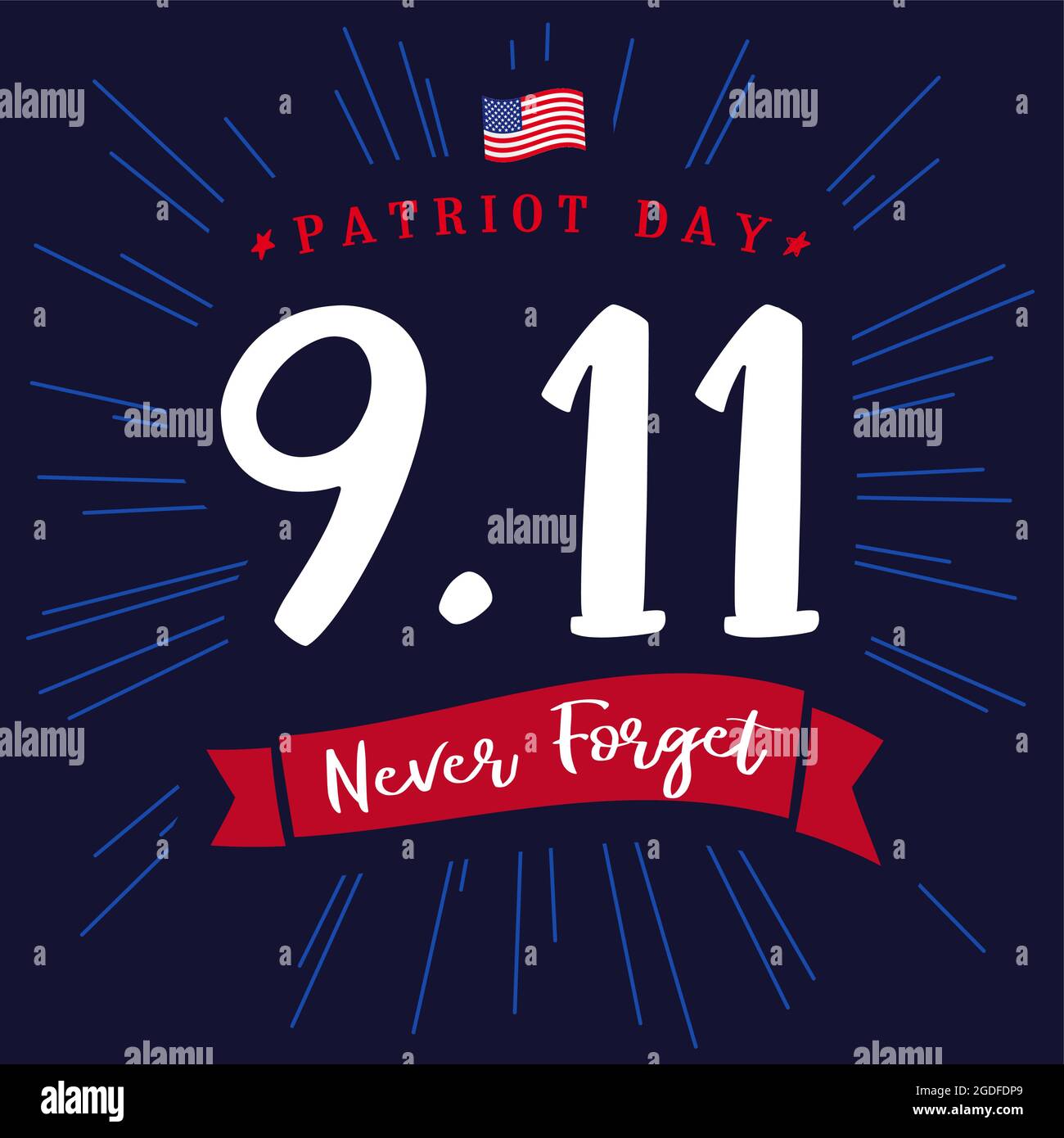 Patriot Day USA 09.11 banner scuro. Modello grafico astratto isolato. Colori rosso, blu, bianco. Scritta calligrafica. Calligrafia decorativa, Illustrazione Vettoriale