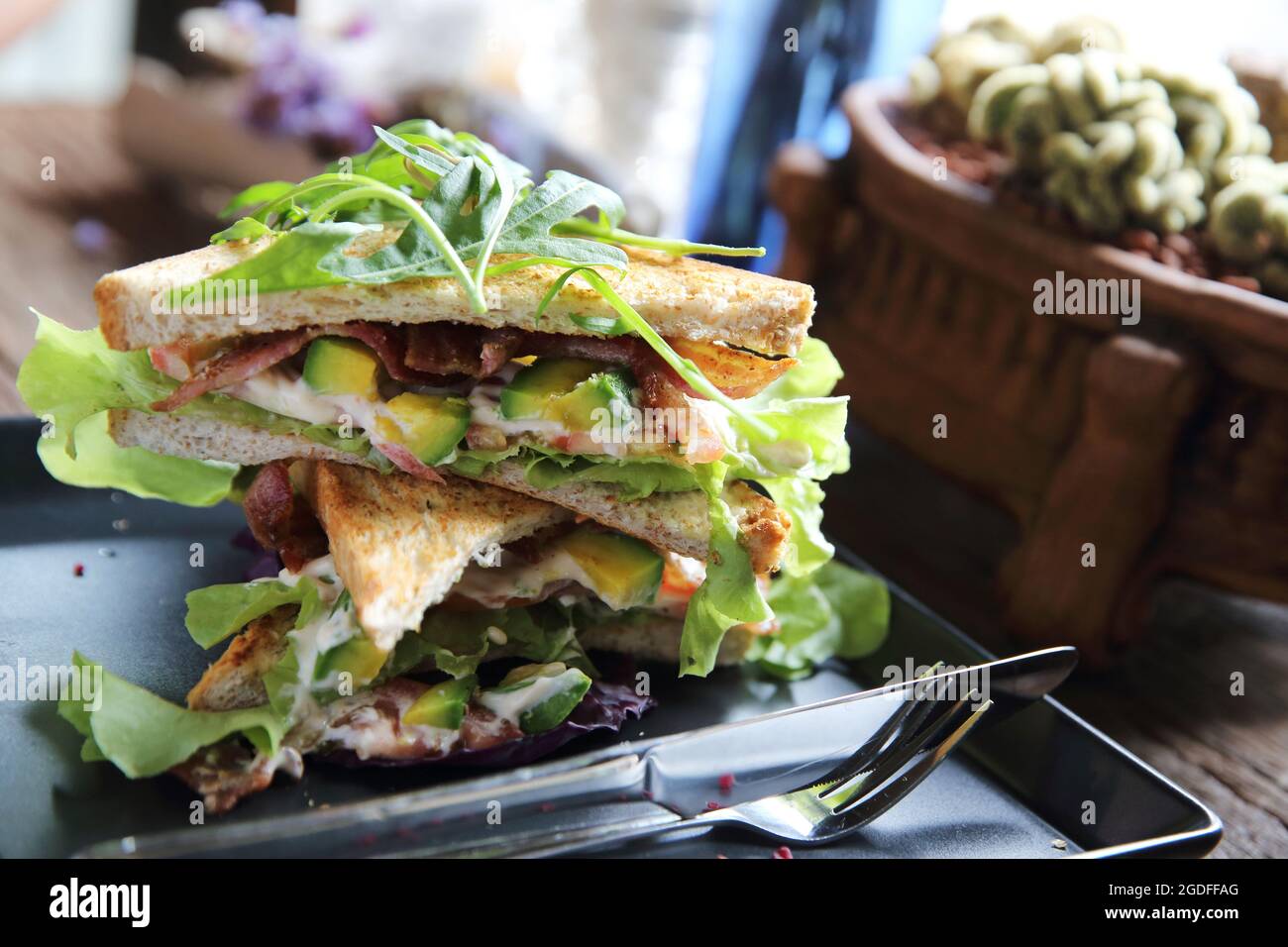 Panini con meet e verdure su sfondo di legno Foto Stock