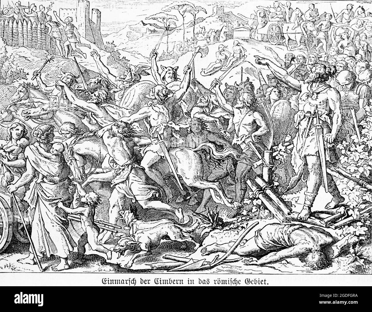 I Cimbri invadono l'Impero Romano intorno al 100 a.C., illustrazione storica 1881 Foto Stock