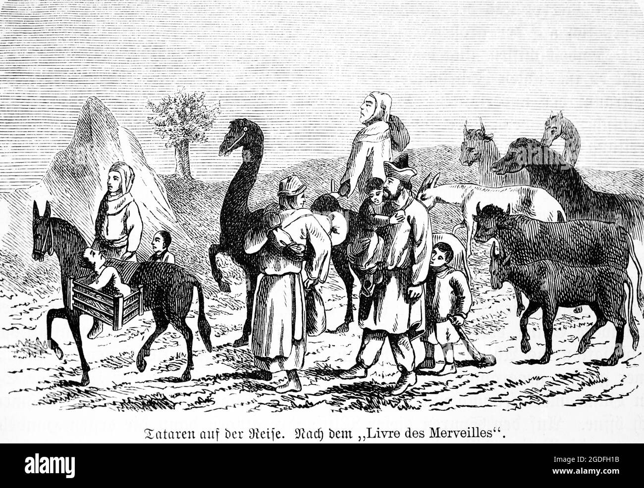 Piccolo gruppo di Tatari che viaggiano con alcuni animali, illustrazione storica 1881 Foto Stock