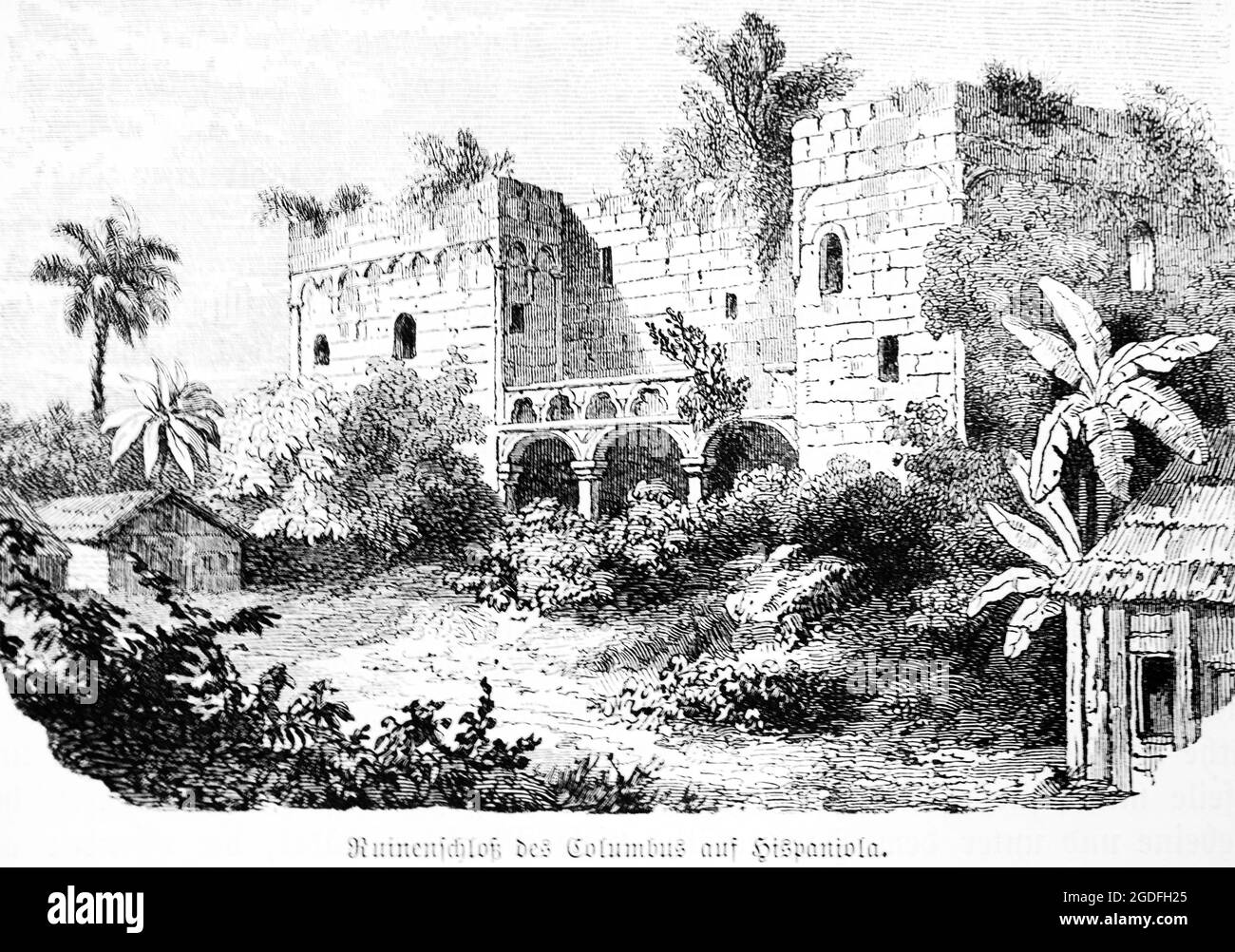 Rovine del castello di Cristoforo Colombo su Hispaniola, Mar dei Caraibi, Indie Occidentali, Antille maggiori, illustrazione storica 1881 Foto Stock