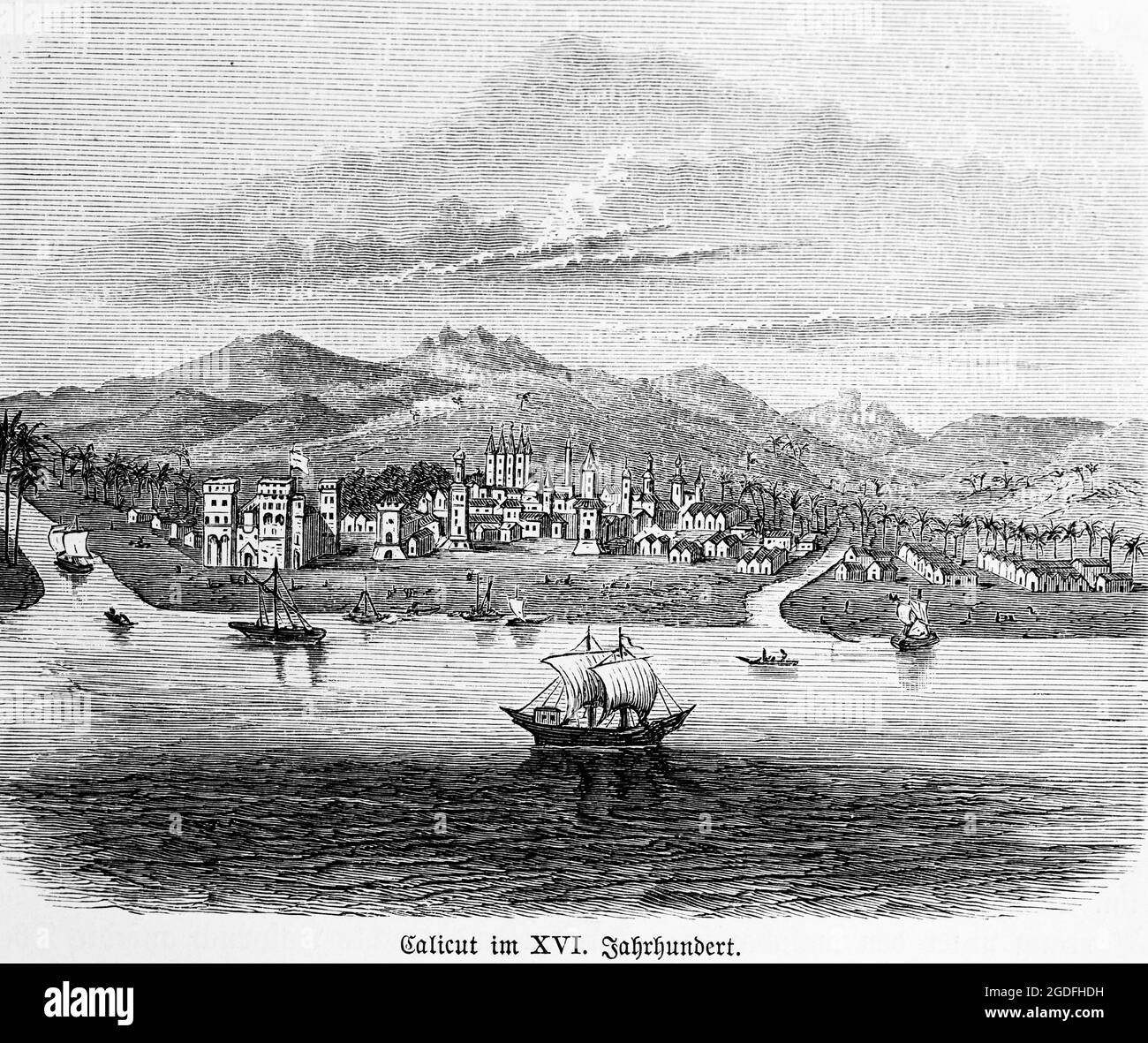 Calicut o Kozhikode sulla costa dell'India occidentale, oggi distretto Karala, India, nel 16 ° secolo, Asia, illustrazione storica 1881 Foto Stock