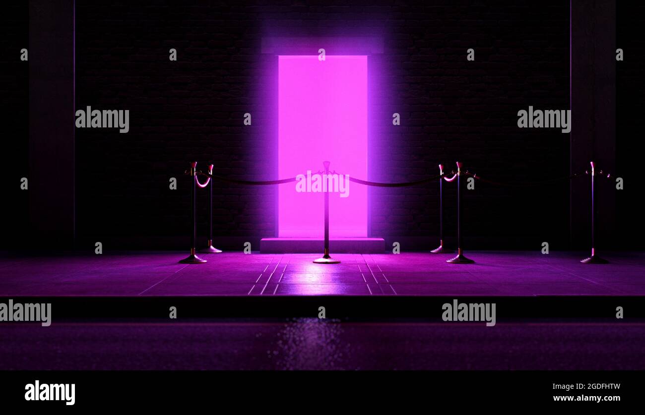 Una scena serale all'esterno dell'ingresso di un nightclub che emette una luce rosa e una coda vuota delimitata da pali di barriera e corda - rendering 3D Foto Stock