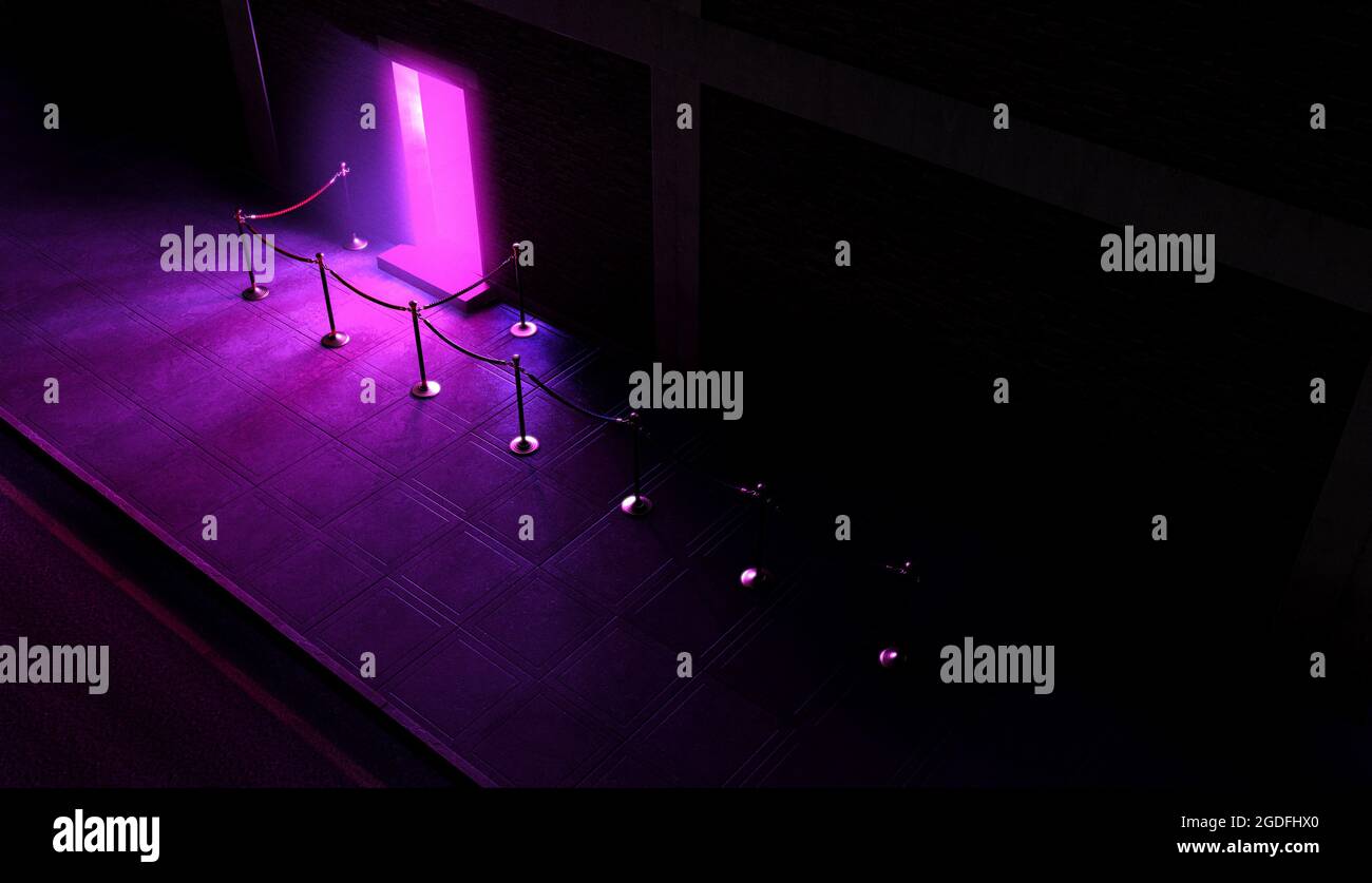 Una scena serale all'esterno dell'ingresso di un nightclub che emette una luce rosa e una coda vuota delimitata da pali di barriera e corda - rendering 3D Foto Stock