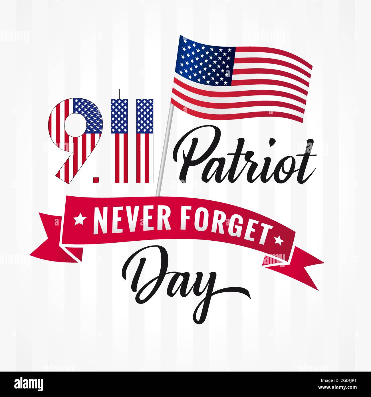 Bandiera chiara Patriot Day USA 09.11. Modello grafico astratto isolato. Colori rosso, blu, bianco. Scritta calligrafica. Calligrafia decorativa Illustrazione Vettoriale