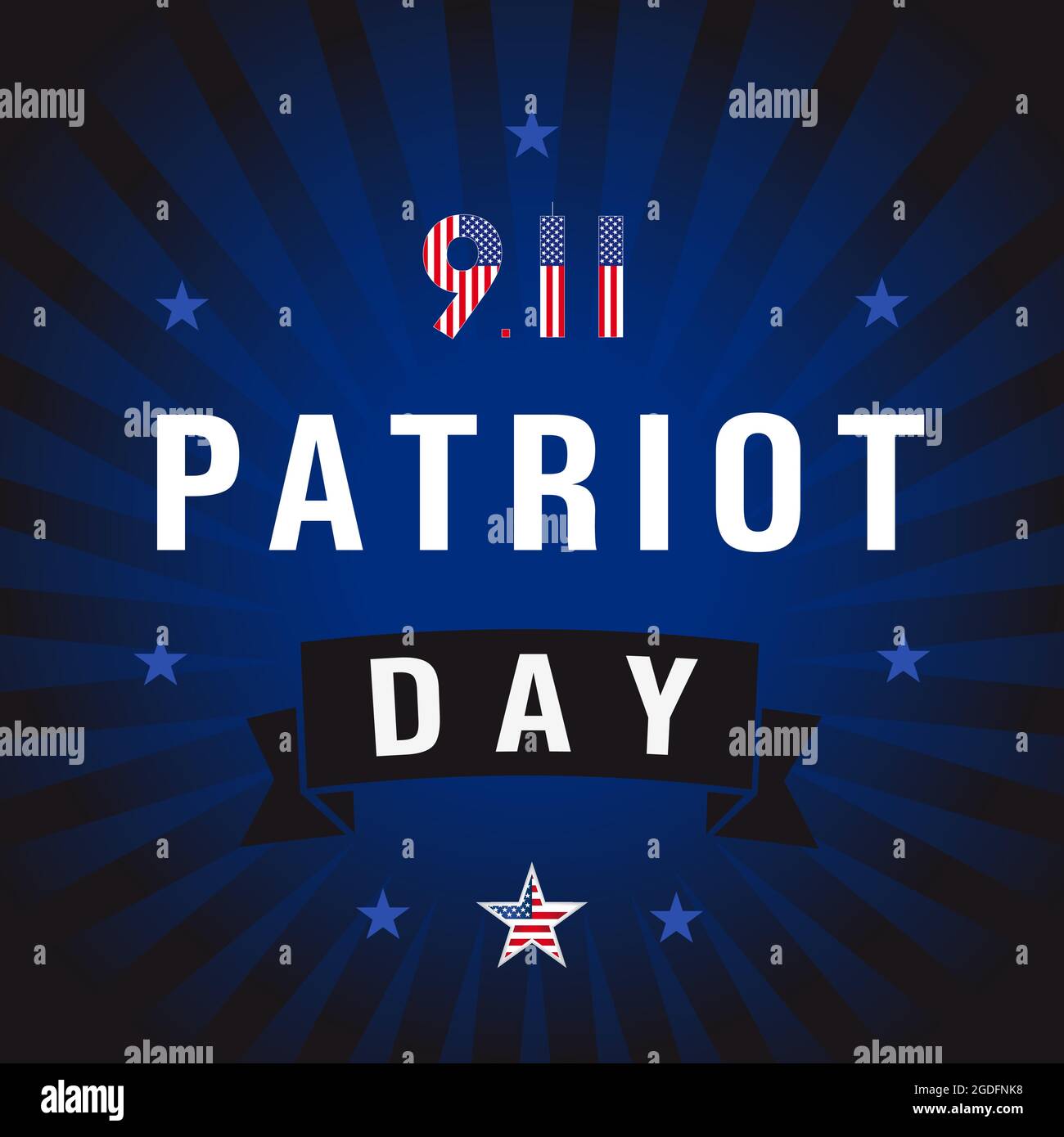 Patriot Day USA 09.11 banner creativo. Modello grafico astratto isolato. Rosso, blu, bianco. Lettere calligrafiche. Calligra decorativo Illustrazione Vettoriale