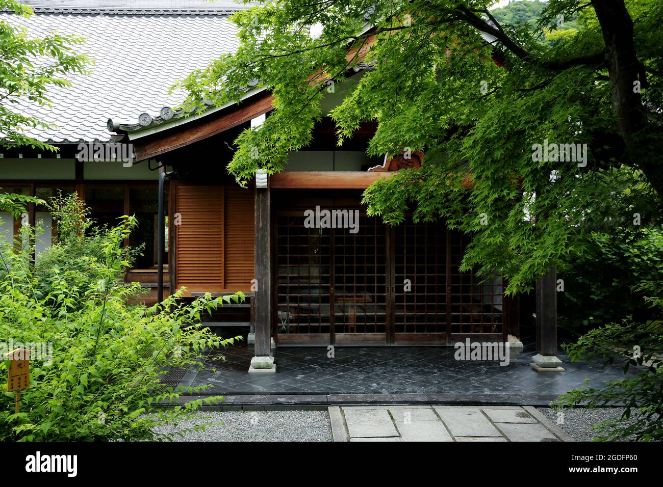 Tempio giapponese con porta rossa giapponese e foglie di acero verde a Kyoto Giappone Foto Stock