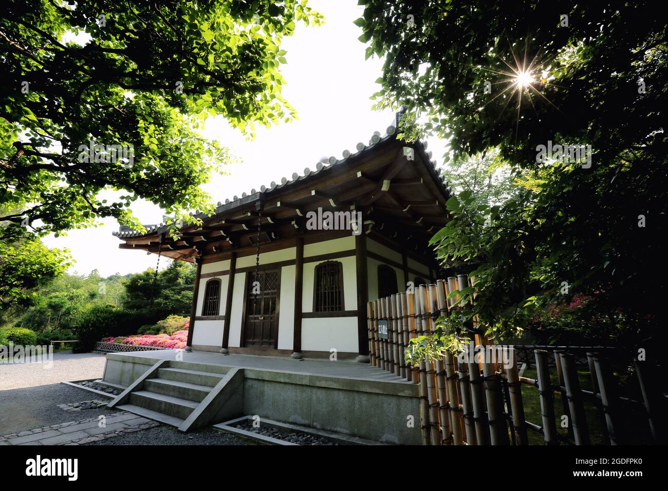 Tempio giapponese con porta rossa giapponese e foglie di acero verde a Kyoto Giappone Foto Stock