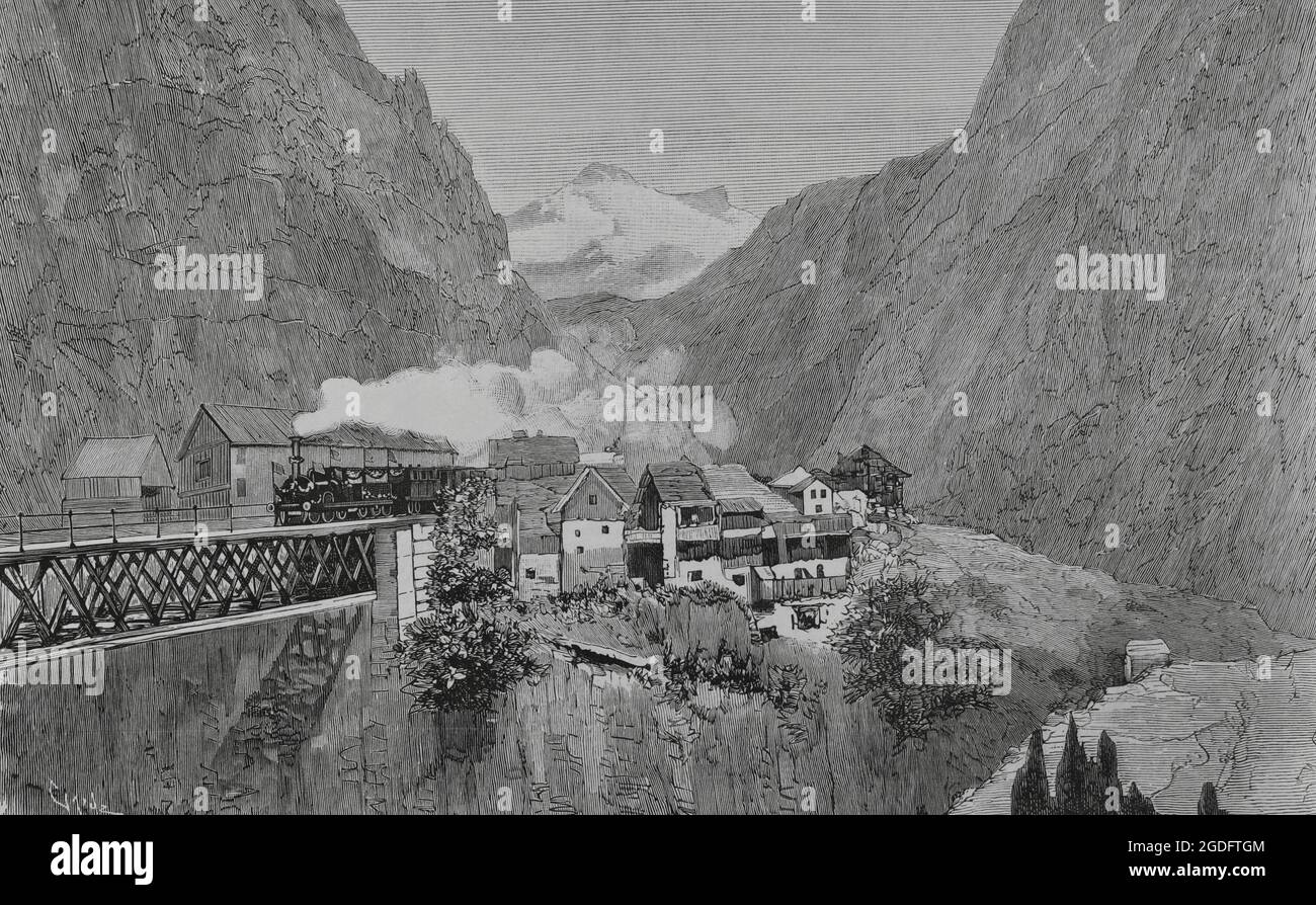 Svizzera. Inaugurazione della Ferrovia del San Gottardo. Arrivo del primo treno alla stazione di Göschenen. Incisione di Tomás Carlos Capuz. La Ilustración Española y americana, 1882. Foto Stock