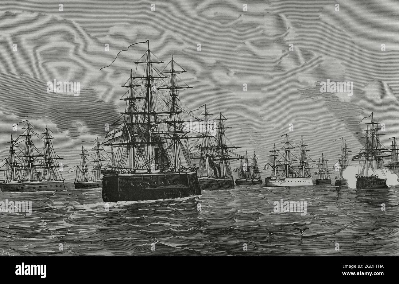 Eventi in Egitto, 1882. Arrivo della flotta anglo-francese a Souda Bay, vicino ad Alessandria. Da sinistra a destra: "HMS Invincible", "HMS Monarch", "HMS superb", "HMS Temeraire", "Forbin", «la Gallissonnière», «Betern», «HMS Alexandra», «Idajalied». Incisione di vela. La Ilustración Española y americana, 1882. Foto Stock