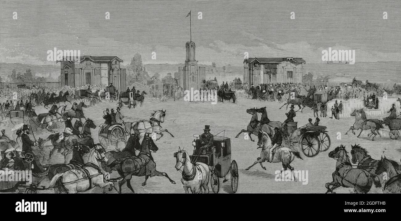 Spagna, Madrid. Incontro di primavera all'Ippodromo di Castellana (Hipódromo de la Castellana), conosciuto anche come Ippodromo di Madrid. Dintorni dell'ippodromo. Sulla strada per le tribune. Incisione. La Ilustración Española y americana, 1882. Foto Stock