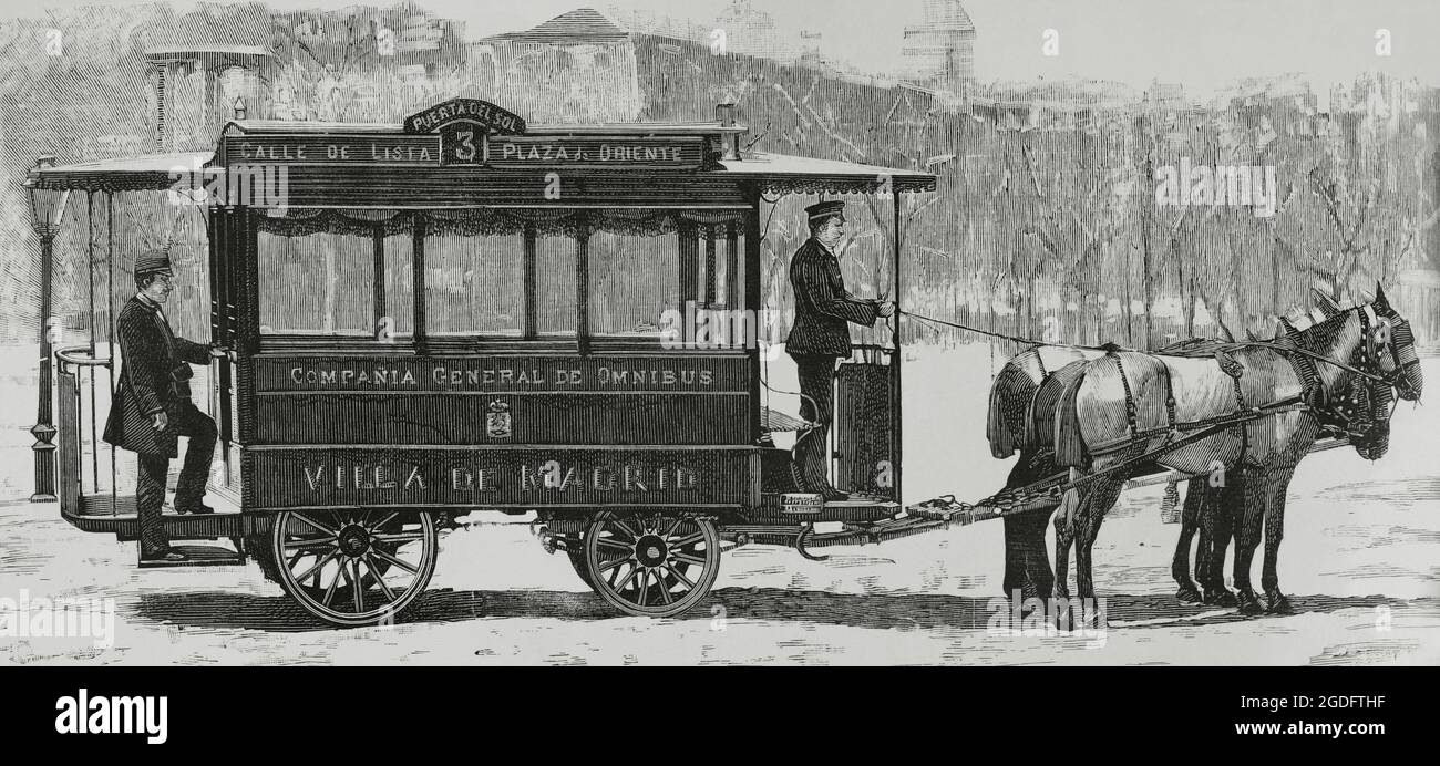 Spagna, Madrid. Modello di carrelli per la nuova linea Rippert Omnibus. Servizio pubblico inaugurato nella capitale il 1 aprile 1882, sulla linea da Via Lista a Plaza de Oriente. A quel tempo il proprietario era l'Compañía General de Omnibus Villa de Madrid. Incisione. La Ilustración Española y americana, 1882. Foto Stock