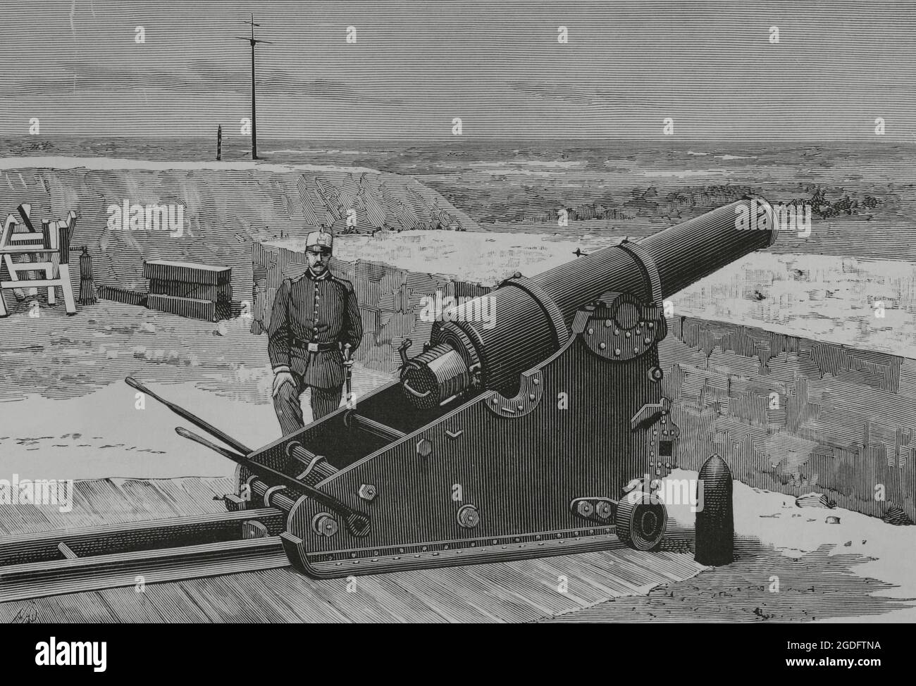 Spagna. I nuovi "cannoni Plasencia". Howitzer-mortar sperimentale nr. 1. Prove al campo di Torregorda (Cádiz) nei mesi da giugno a settembre 1882. Calibro 21 cm. Ha resistito a 602 colpi nei test. Disegno di Nao. Incisione. La llustración Española y americana, 1882. Foto Stock