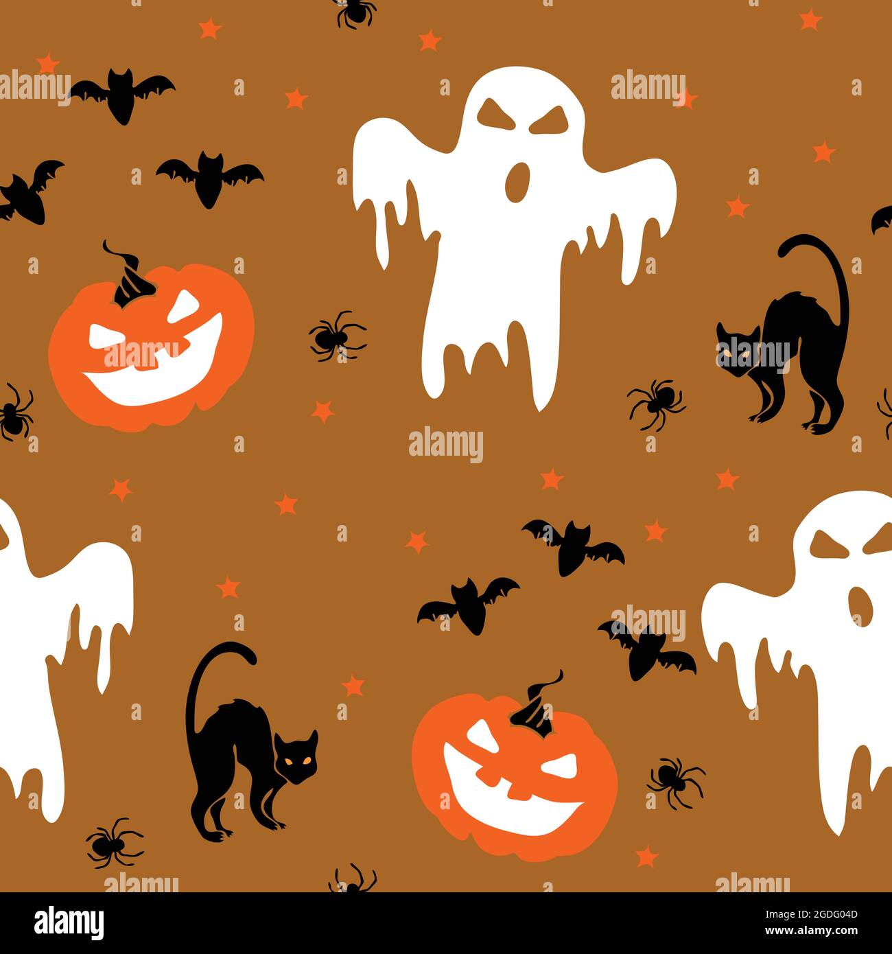 Pattern vettoriale continuo con fantasma e gatti neri su sfondo marrone beige. Spaventoso Halloween carta da parati design. Illustrazione Vettoriale