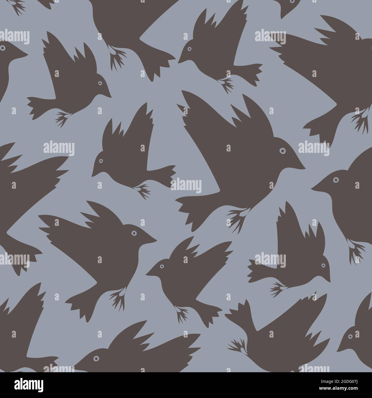 Motivo vettoriale senza giunture con corvi grigi su sfondo blu. Flying Bird silhouette carta da parati design. Tessuto decorativo di moda. Illustrazione Vettoriale
