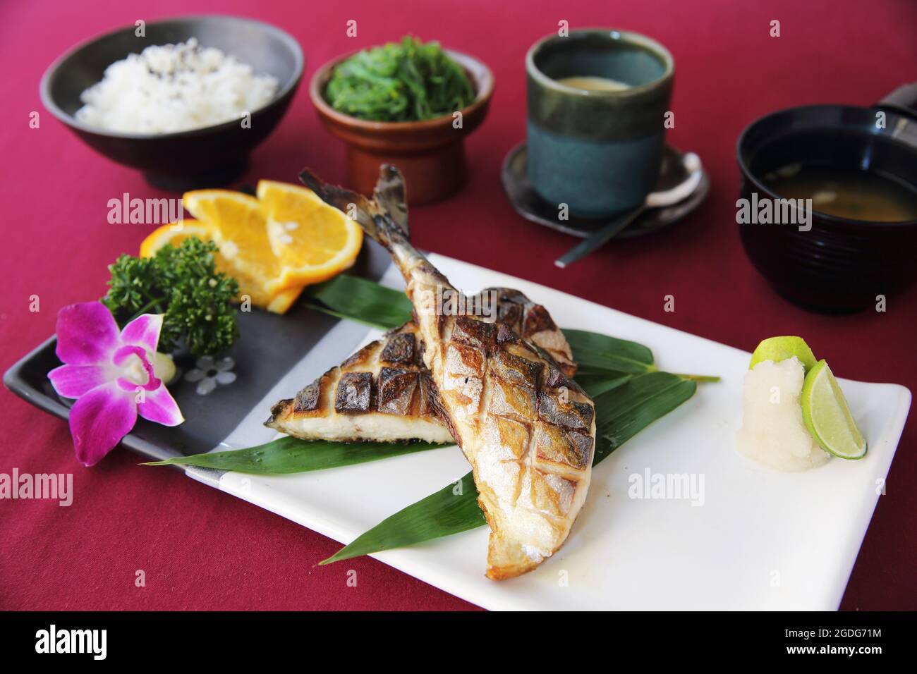 Grill Mackarel pesce cibo giapponese Foto Stock