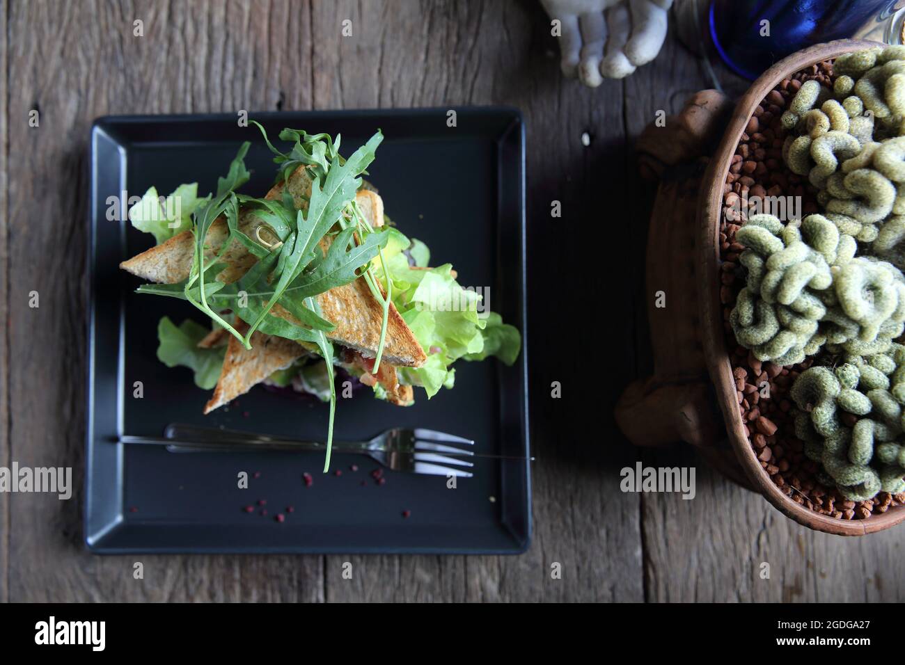 Panini con meet e verdure su sfondo di legno Foto Stock