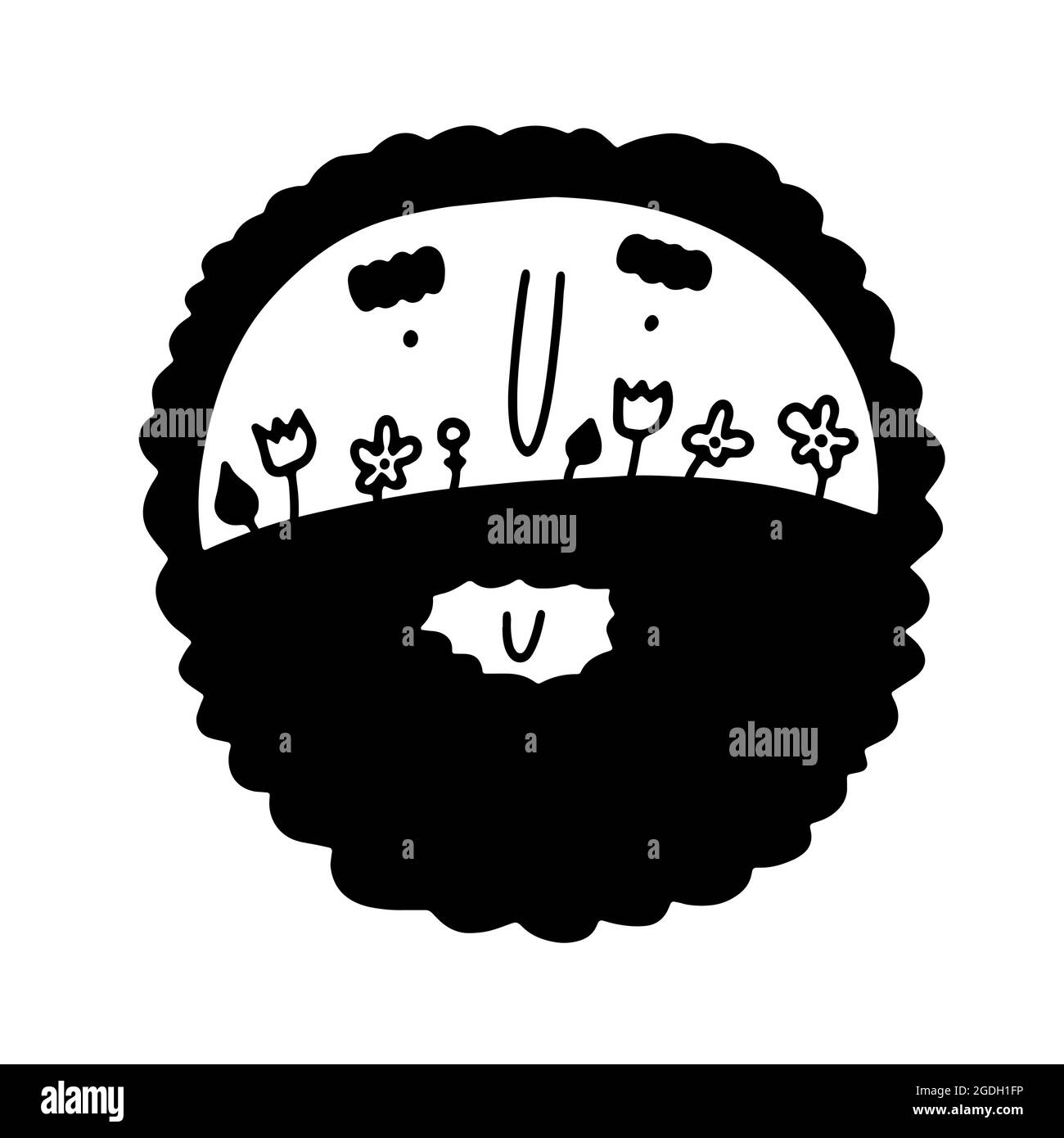 Doodle viso maschile con fiori, erbe in barba. Contorno disegnato a mano uomo riccamente isolato su sfondo bianco. Avatar umano. Giorno dei padri, sposo, barbersho Illustrazione Vettoriale