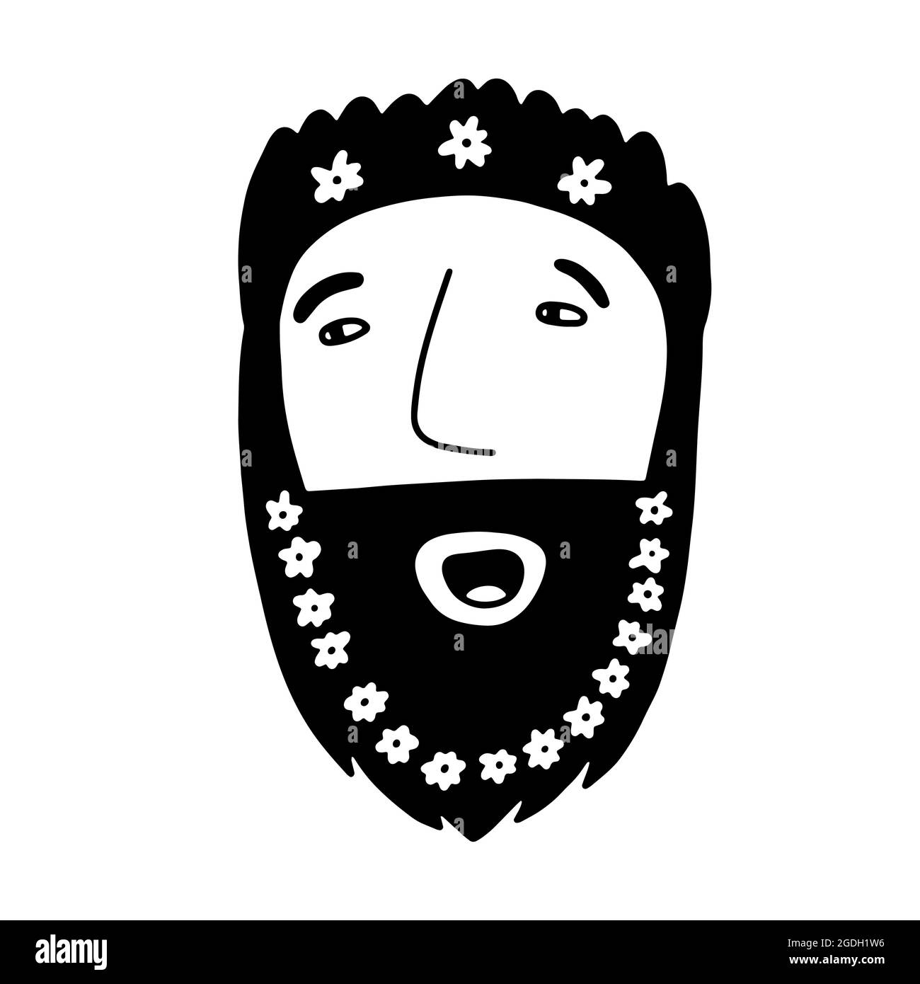 Doodle viso maschile con fiori camomilla in barba, capelli. Uomo tracciato a mano isolato su sfondo bianco. Avatar umano. Giorno dei padri, sposo, barbiere Illustrazione Vettoriale