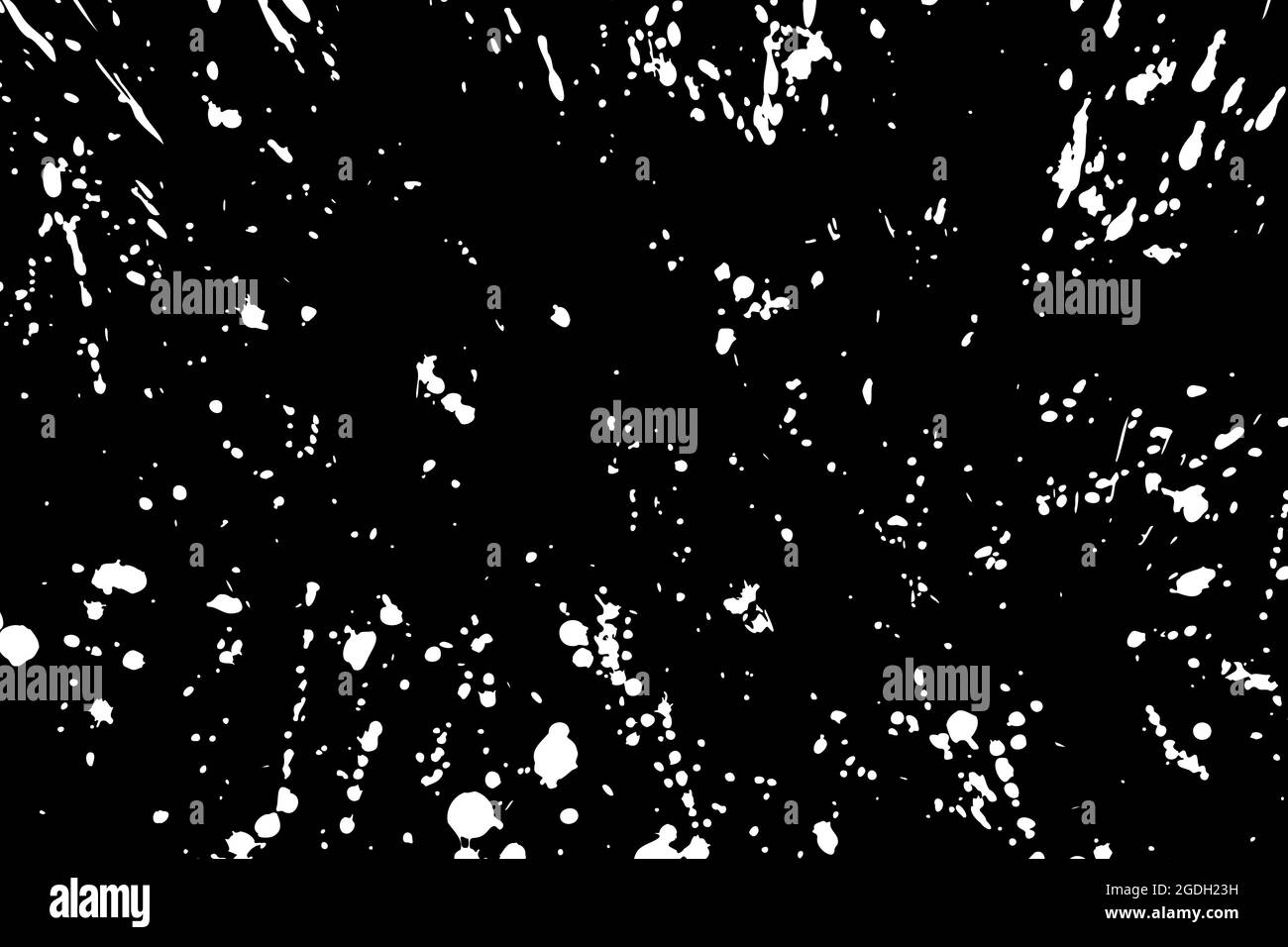 Illustrazione grunge vettoriale astratta. Schizzi di vernice bianca su sfondo nero. Macchie, gocce, macchie, stampe di inchiostro casuali. Texture disordinata e artigianale Illustrazione Vettoriale