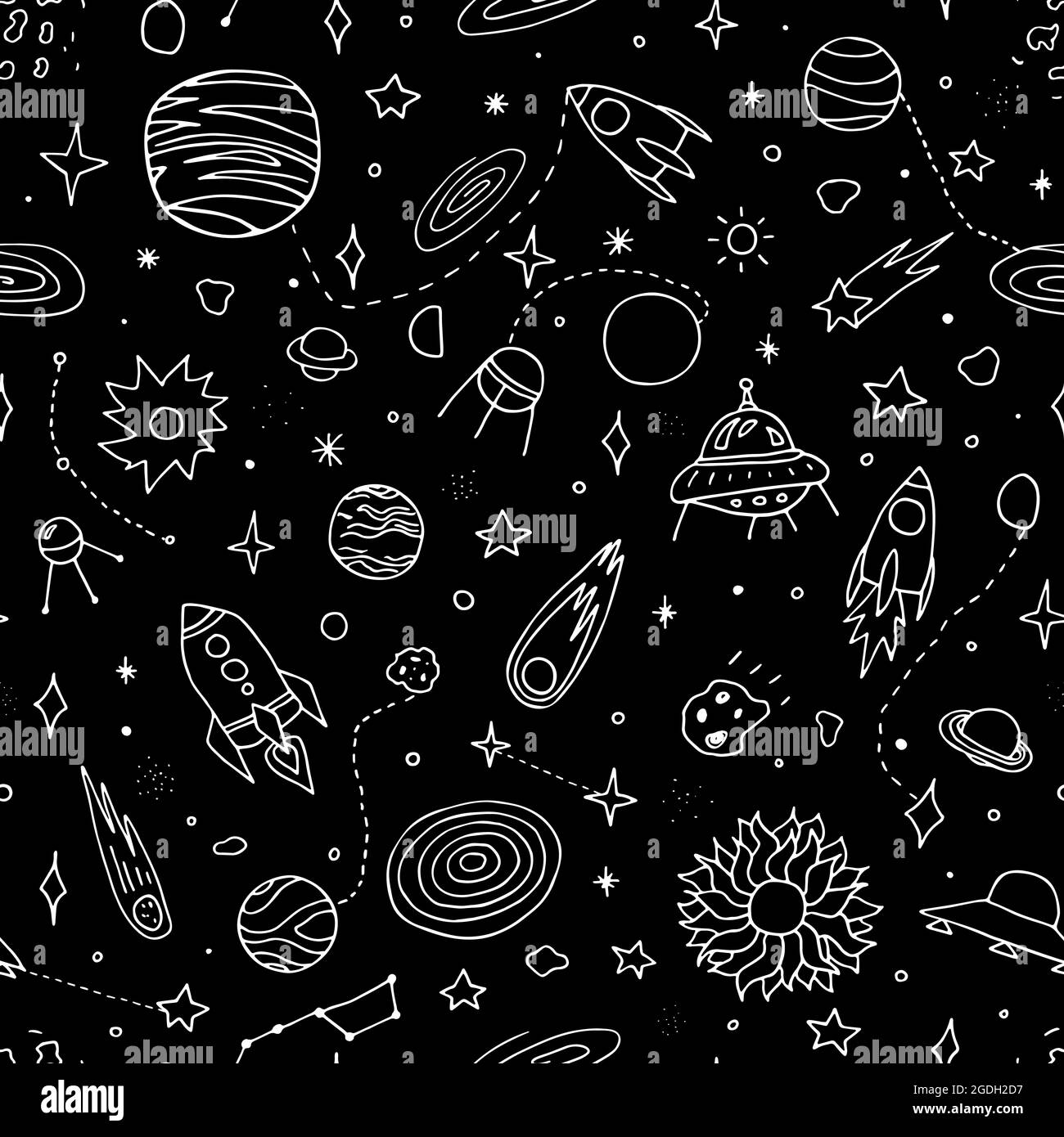 Pattern di doodle vettoriale senza giunture. Pianeti, razzo, stelle, comete, ufo, asteroide, costellazioni su sfondo nero. Delineare oggetti astronomici Illustrazione Vettoriale