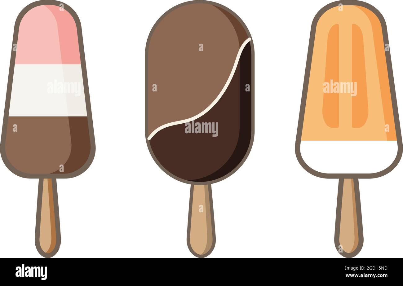 Set di icone gelato vettore doodle illustrazione. Raccolta di banane, cioccolato e fragole cieche e papsicle in cono isolato su sfondo bianco Illustrazione Vettoriale