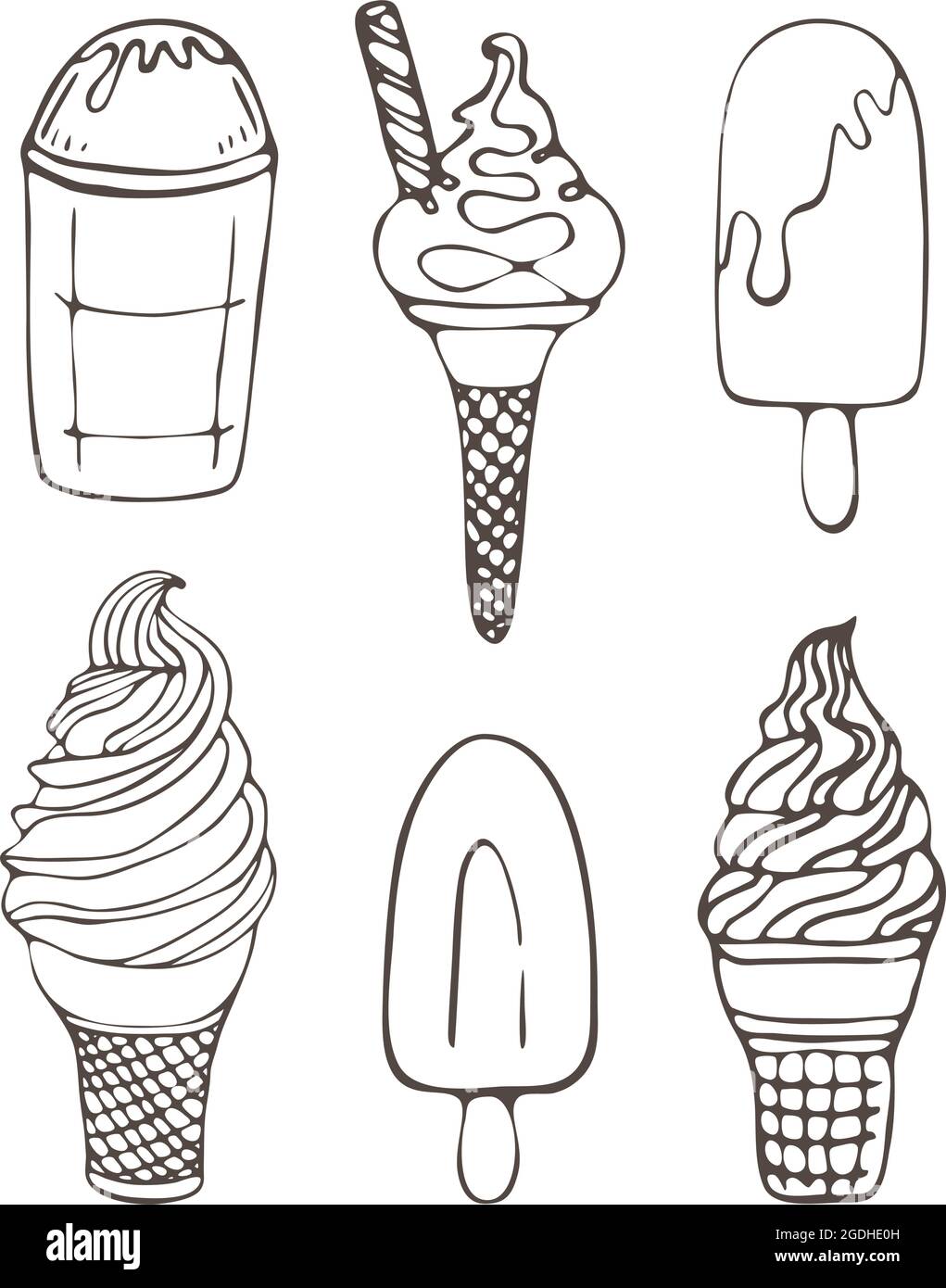 Contorno illustrazione vettoriale insieme di icone di gelato doodle isolate su sfondo bianco. Perfetto per colorare libri per bambini e adulti. Icone piccole e belle. Illustrazione vettoriale Illustrazione Vettoriale