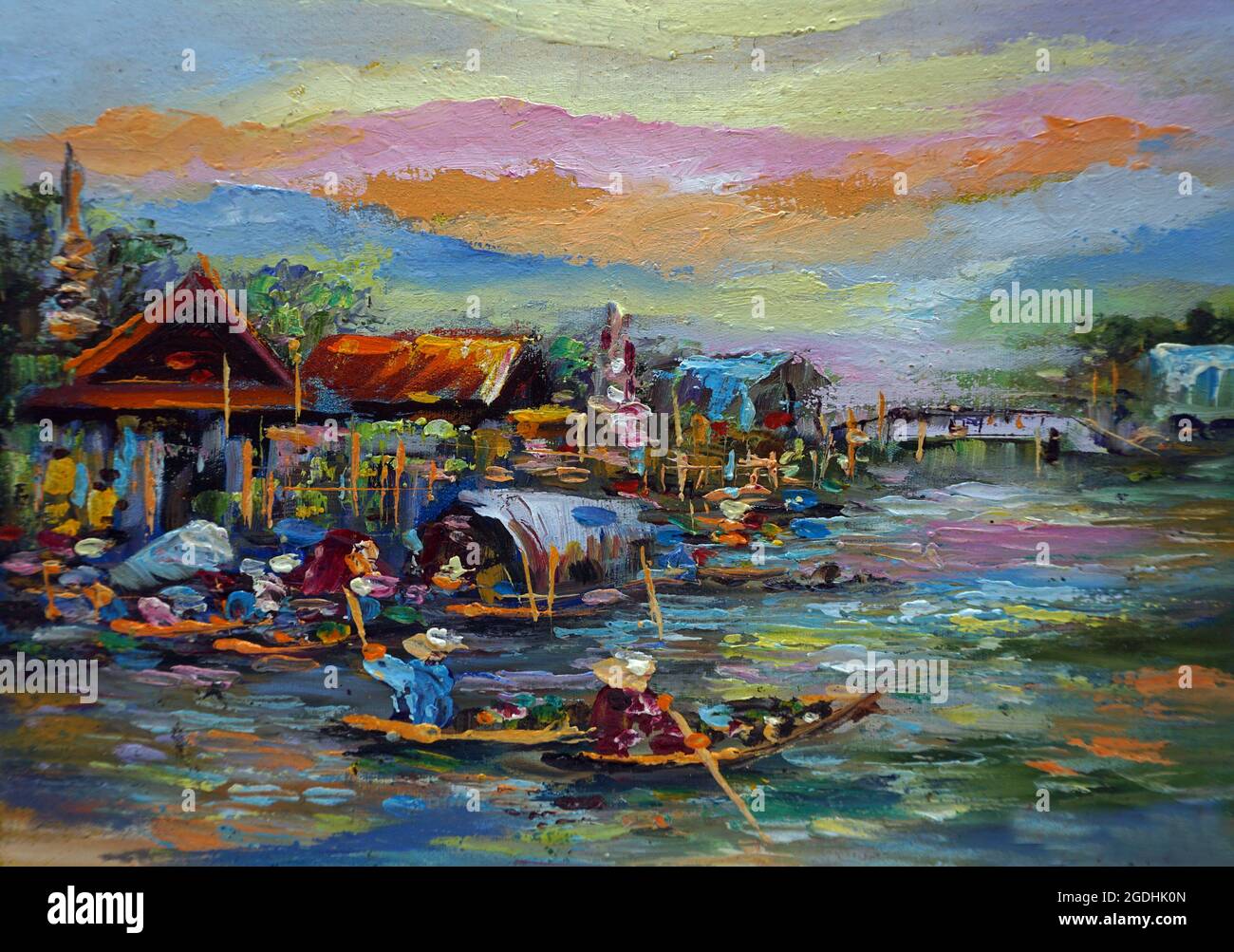 Arte pittura Belle arte colore olio mercato galleggiante nel viola scuro dalla campagna della Thailandia Foto Stock