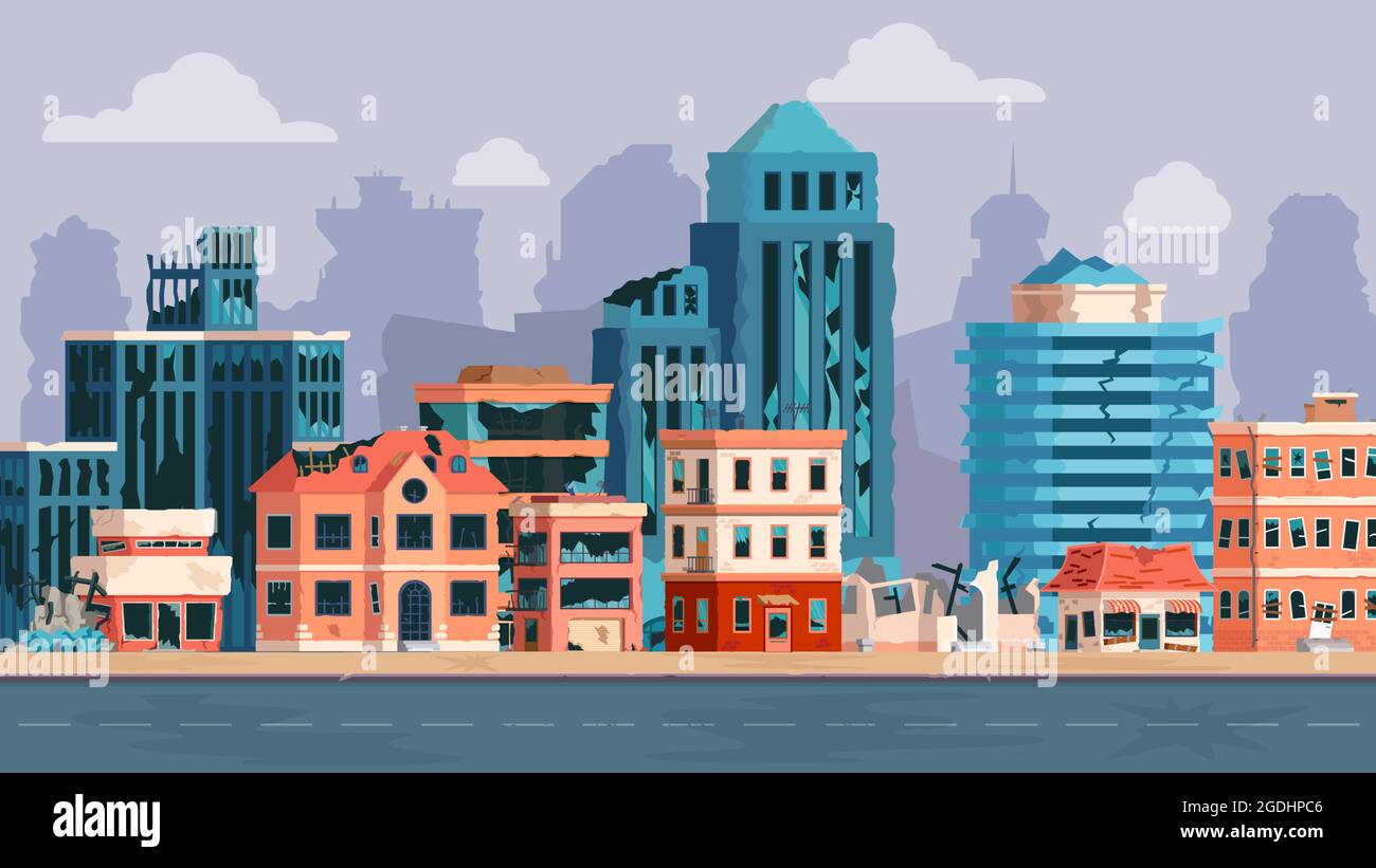 Cartoon città con edifici in rovina dopo terremoto, disastro o guerra. Abbandonata strada danneggiata e strada rotta. Concetto di vettore apocalittico Illustrazione Vettoriale