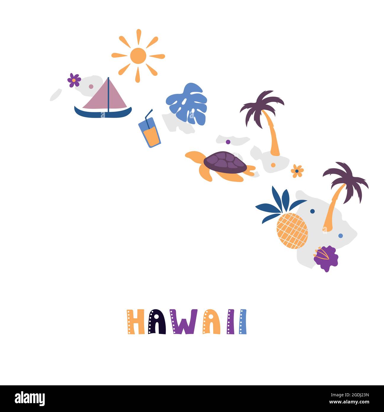 USA mappa raccolta. Simboli di stato e natura sulla silhouette grigia dello stato - Hawaii. Cartone animato stile semplice per la stampa Illustrazione Vettoriale