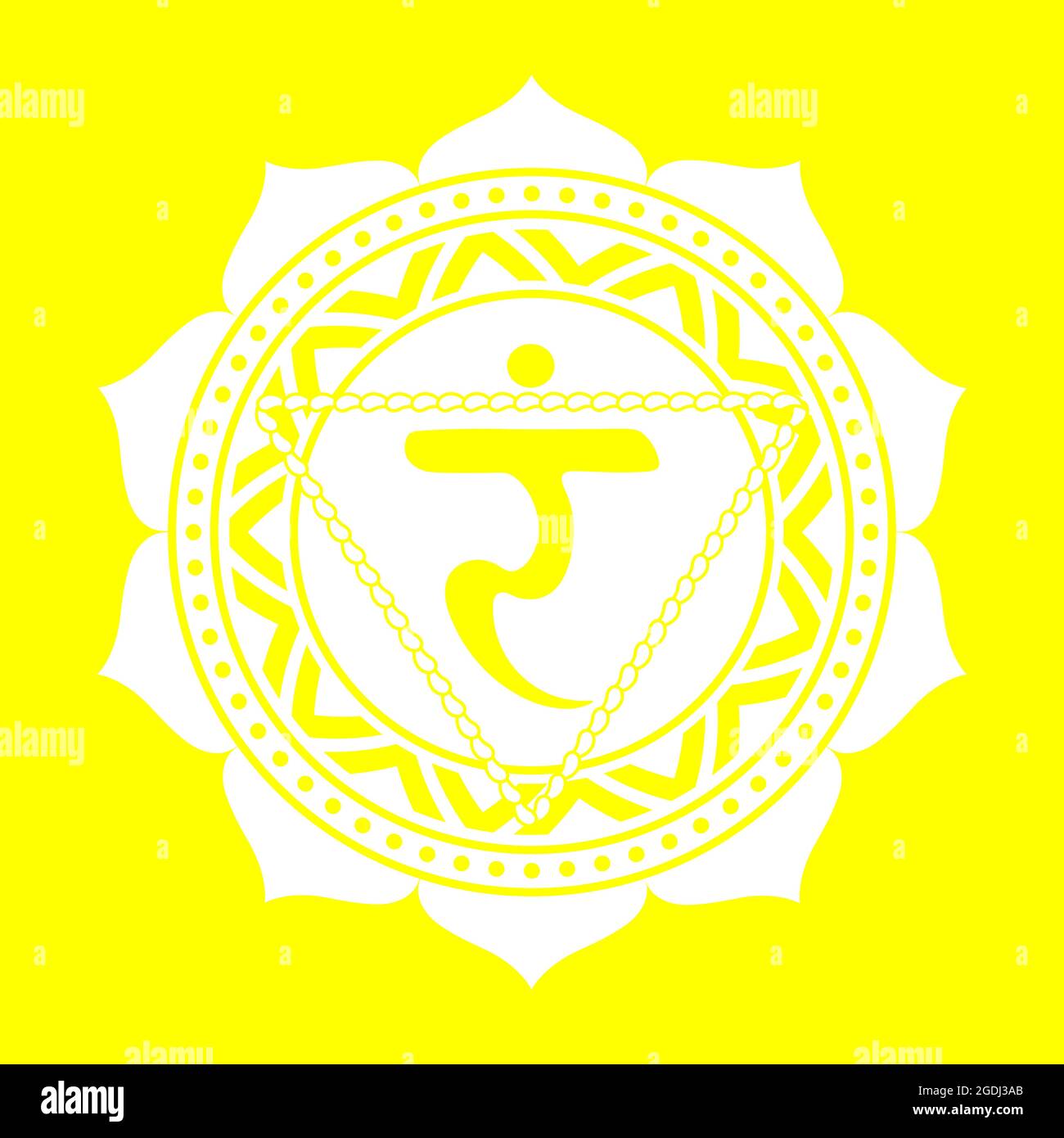 Il terzo chakra di Manipur. Solar Plexus Chakra con sanscrito indù. Il giallo è un simbolo piatto della meditazione, Yoga.Vector Illustrazione Vettoriale