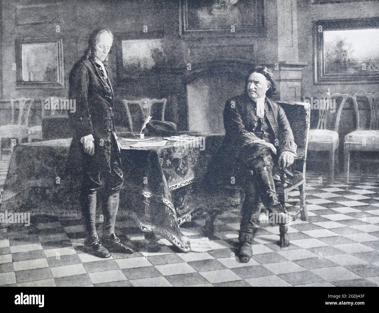 L'imperatore russo Pietro i interroga Tsarevich Alexei Petrovich a Peterhof. Foto Stock