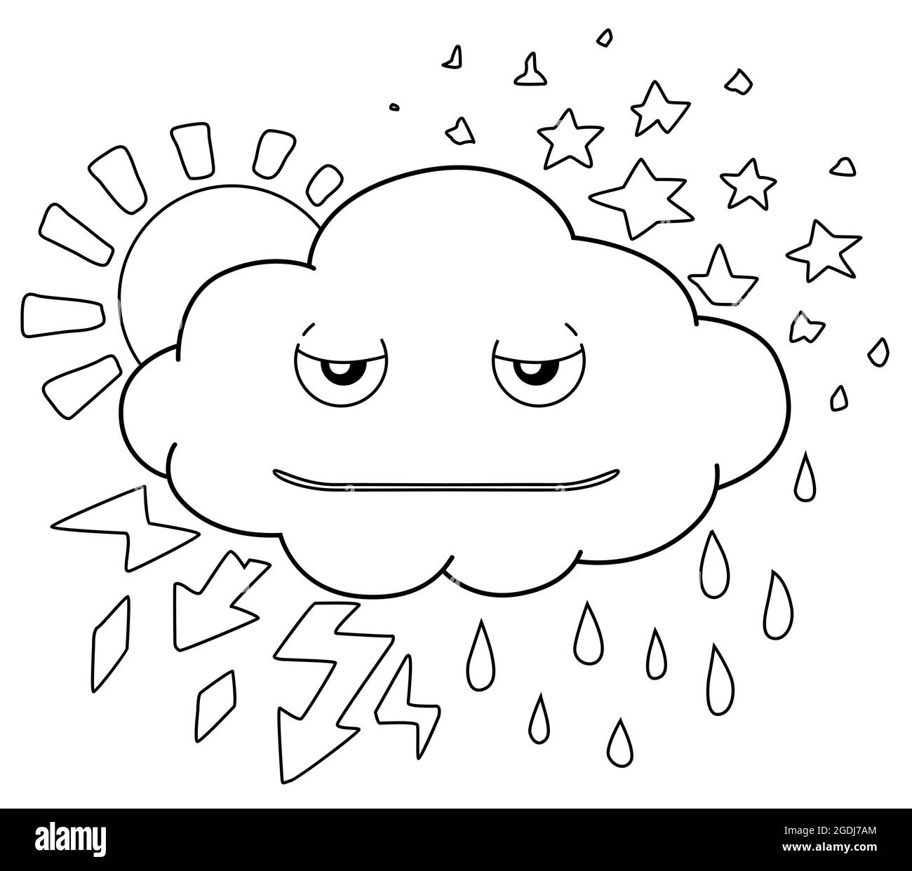 Disegno di linea cartoni animati delle nubi atmosferiche, vettoriale, orizzontale, bianco e nero, isolato Illustrazione Vettoriale