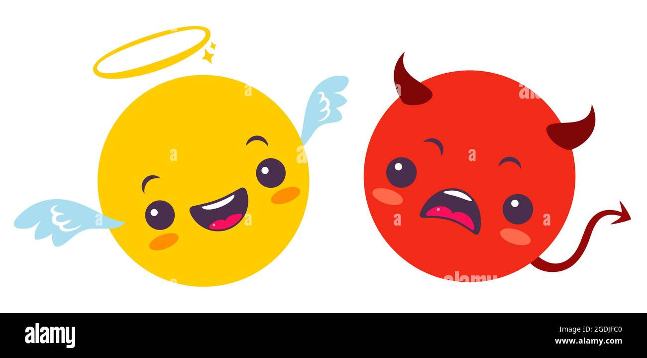 Vettore impostare due sorrisi. Emoji divertente e arrabbiato in stile kawaii. Insieme vettoriale di due angeli e sorrisi diavoli. Illustrazione Vettoriale