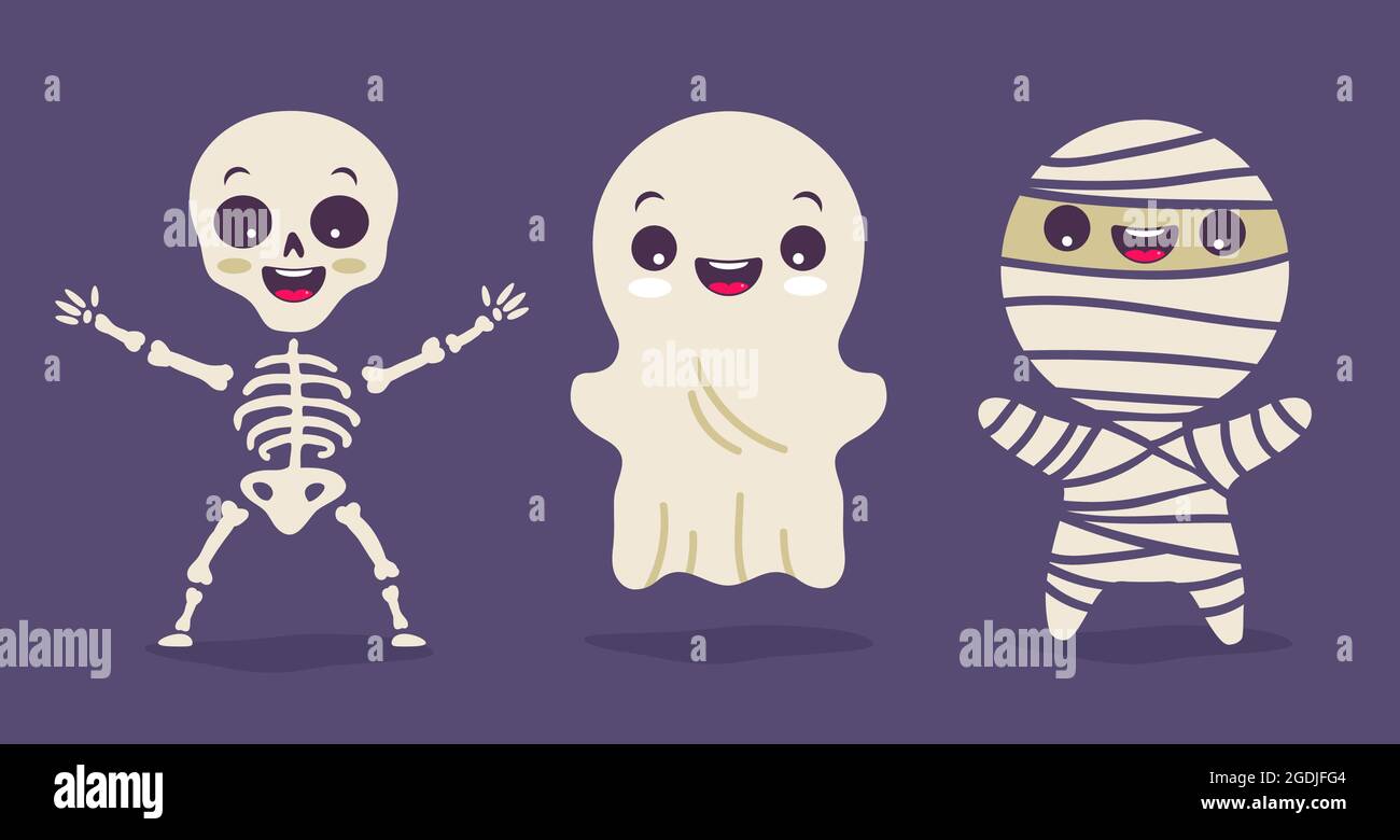 Vettore set illustrazione di bambini in costumi per Halloween. Illustrazioni con i capretti carini nei costumi dei mostri di Halloween. Mostri di Halloween. Skelet Illustrazione Vettoriale