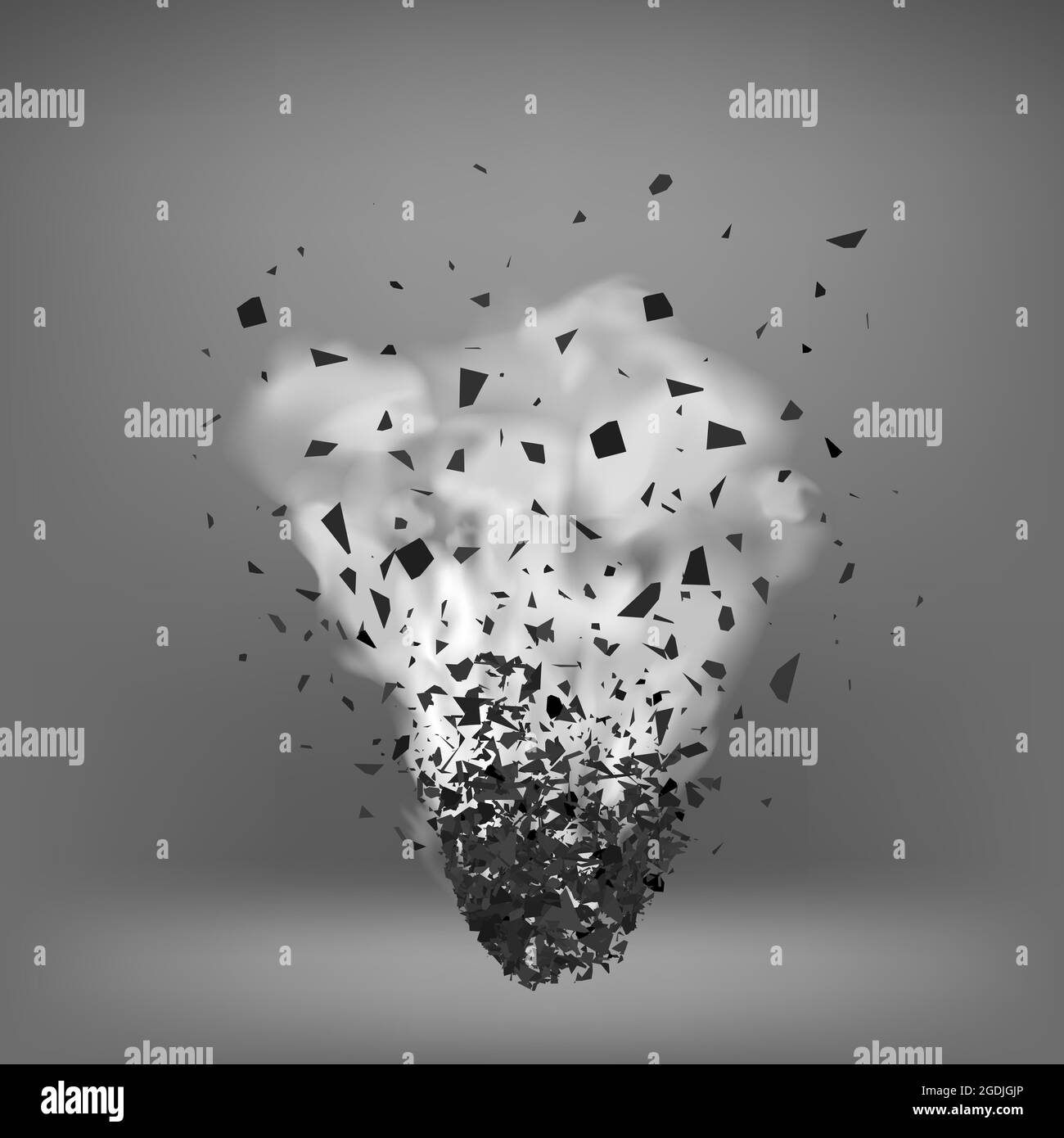 Esplosione nuvola di pezzi neri su sfondo grigio. Le particelle affilate volano in aria in modo casuale. Grande esplosione Illustrazione Vettoriale
