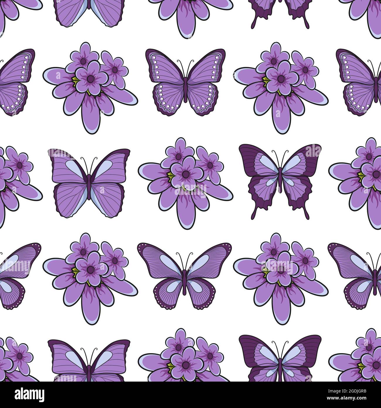 Motivo senza cuciture con fiori di lavanda e farfalle. Oggetti vettoriali isolati su sfondo bianco. Illustrazione Vettoriale