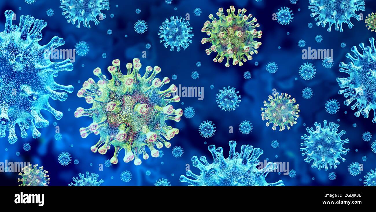 Variante di Covid come il concetto di virus mutante delle varianti delta o lambda e nuova mutazione del coronavirus b.1.1.7 focolaio o mutazione delle cellule virali del covid-19. Foto Stock