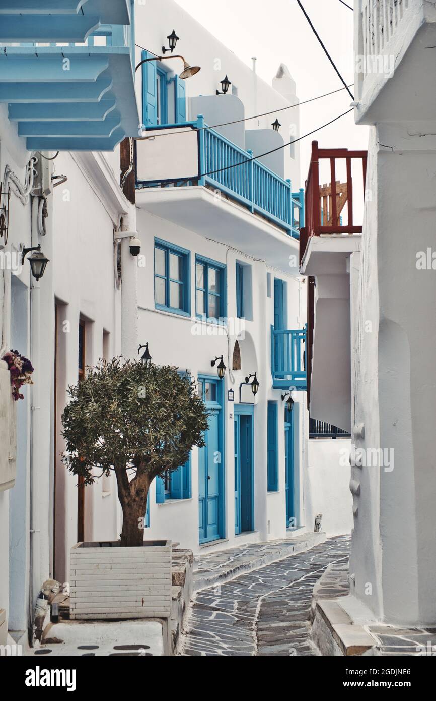 Foto della facciata bianca degli edifici a Mykonos Grecia Foto Stock