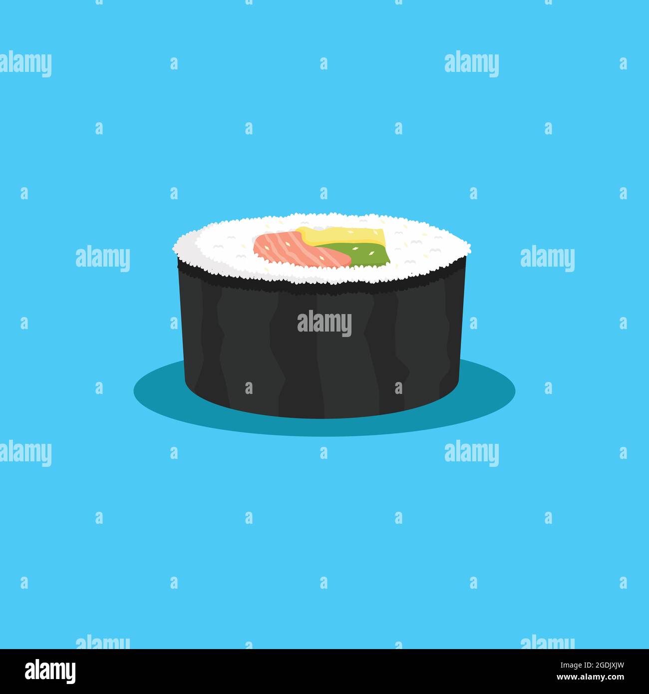 illustrazione del sushi con salmone, avocado, uova e sesamo spruzzato. illustrazione del sushi stile di disegno piatto, illustrazione tradizionale del giappone, sus Illustrazione Vettoriale