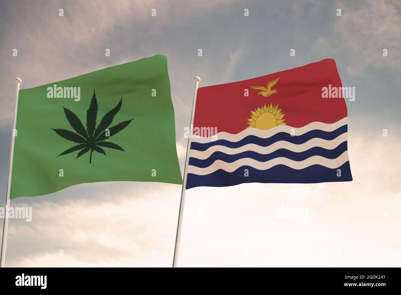 Interessanti Bandiere DI KIRIBATI e quella della legalizzazione della marijuana che ondola con il cielo luminoso sullo sfondo. Foto Stock