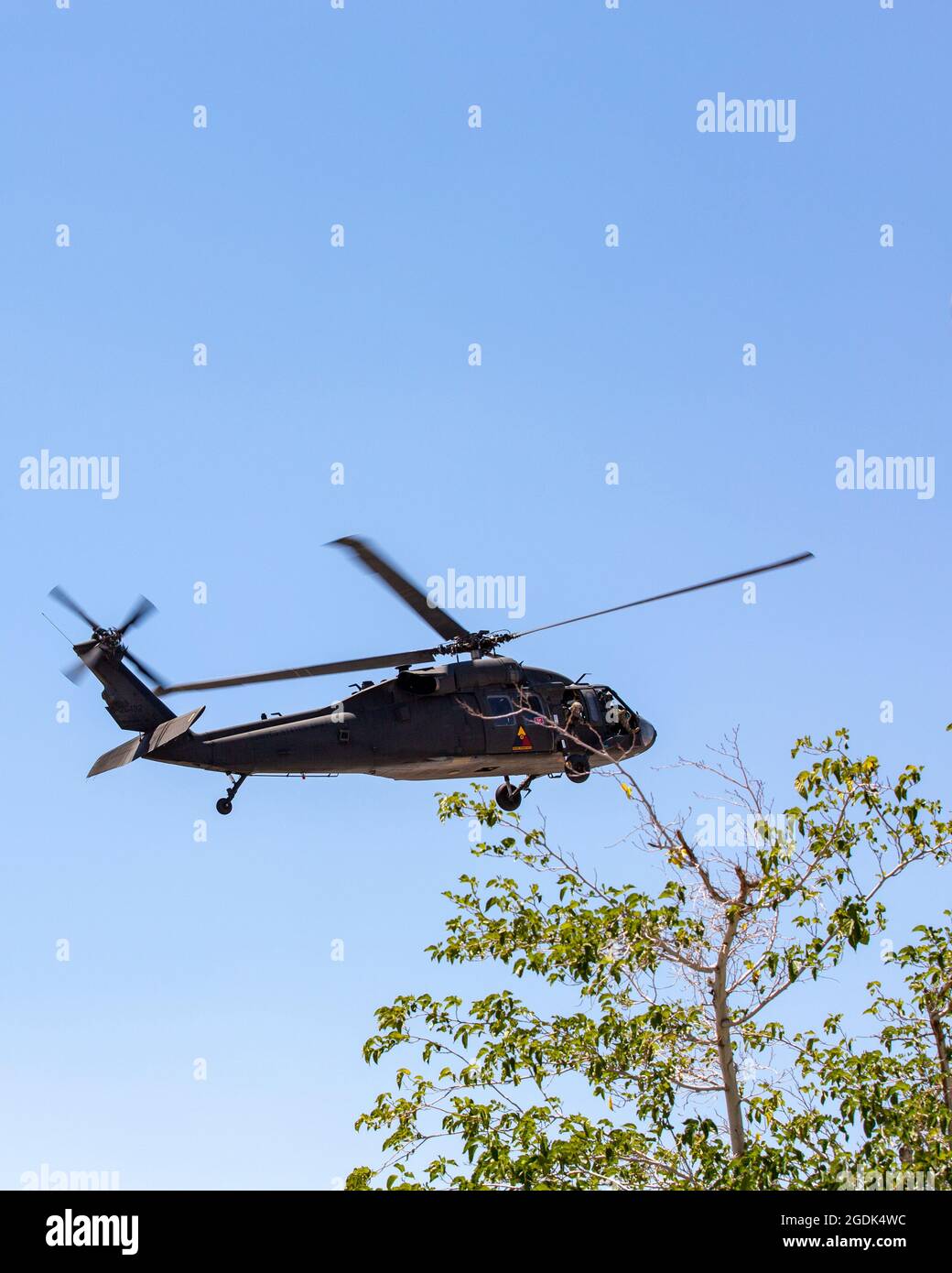 La Brigata di supporto dell'esercito degli Stati Uniti del 916 atterra un elicottero UH 60 Blackhawk a bordo della base logistica del corpo dei Marine Barstow per raccogliere i leader senior dell'esercito, il 4 agosto. Foto Stock