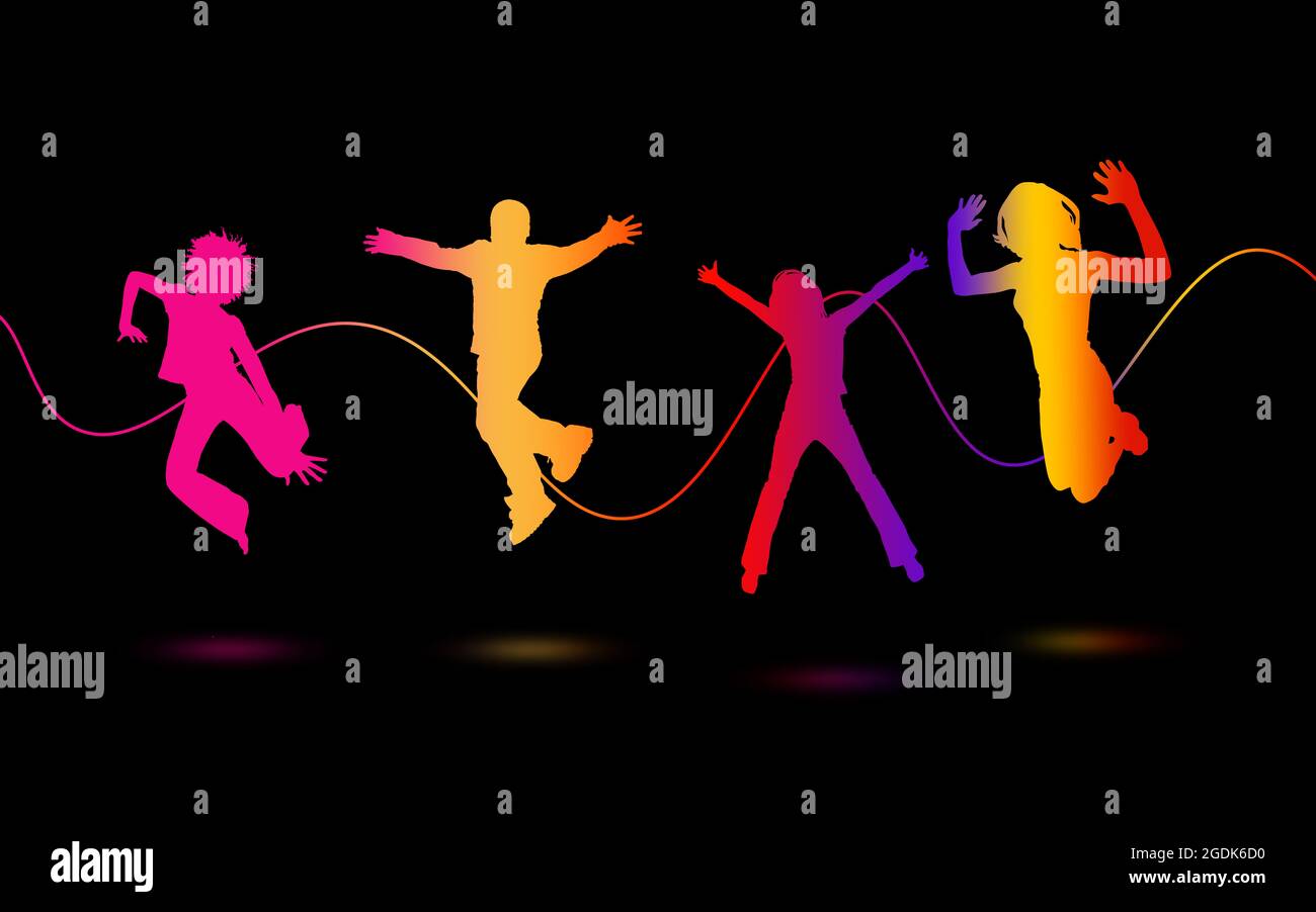 le silhouette al neon delle persone che ballano sono colorate. I giovani amici colorati ballano insieme. Illustrazione colorata in balck background. Amanti della danza e della musica concei Foto Stock