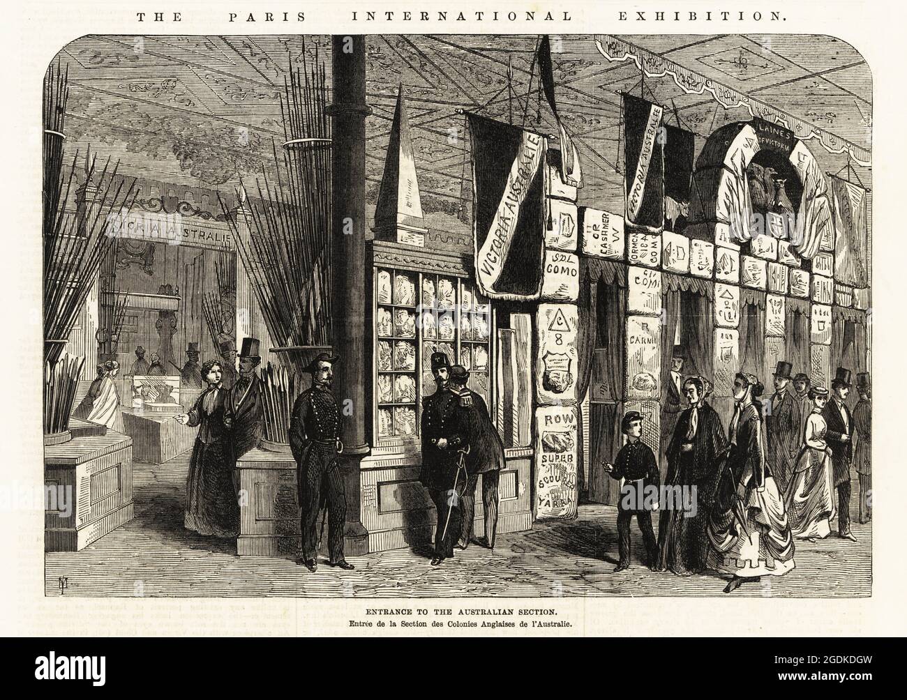 I visitatori che camminano attraverso balle di lana da Victoria, Australia, all'ingresso della Sezione Australiana, Paris Exposition Universelle, 1867. Incisione in legno di JM dal supplemento alle notizie illustrate di Londra, Londra, 8 giugno 1867. Foto Stock