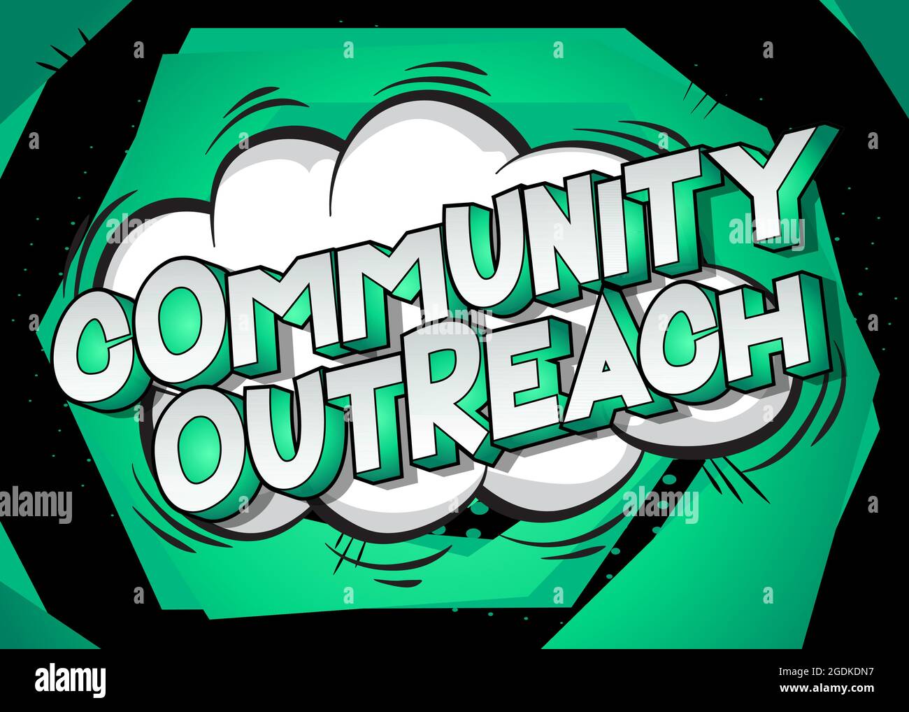 Community Outreach - Comic book, cartoon words, con effetto testo. Bolla del parlato. Sfondo fumetti. Illustrazione Vettoriale