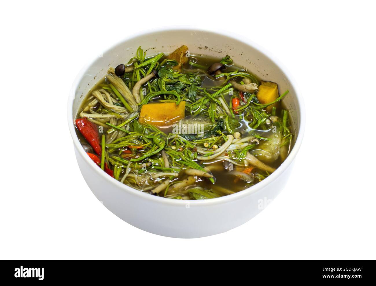 Curry di funghi cucinato, cibo tailandese tradizionale. Tracciato di ritaglio. Foto Stock