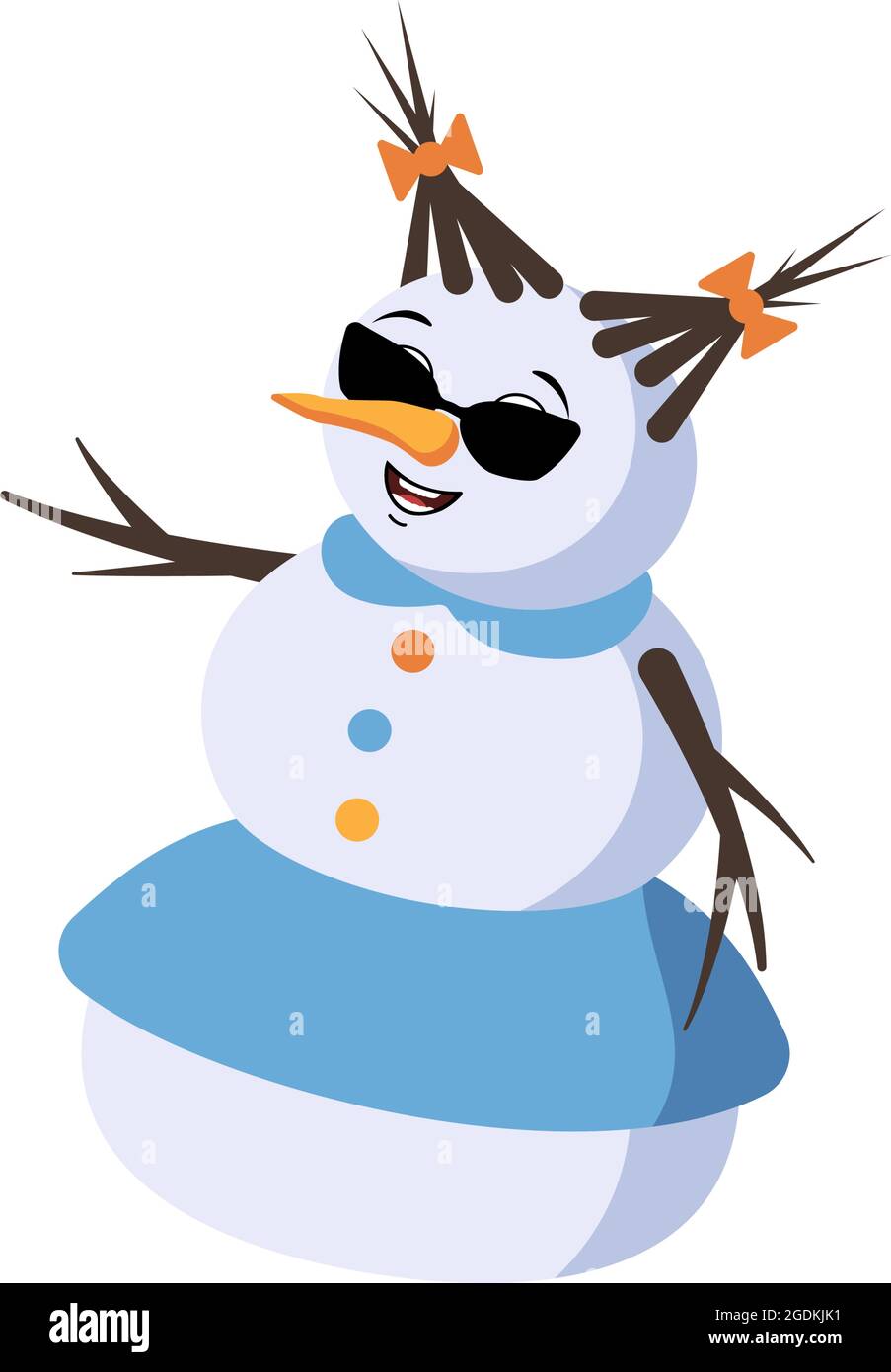 Simpatica donna di neve natalizia con occhiali ed emozioni gioiose, volto sorridente, occhi felici, braccia e gambe. Decorazione festiva di Capodanno con espressione gentile Illustrazione Vettoriale