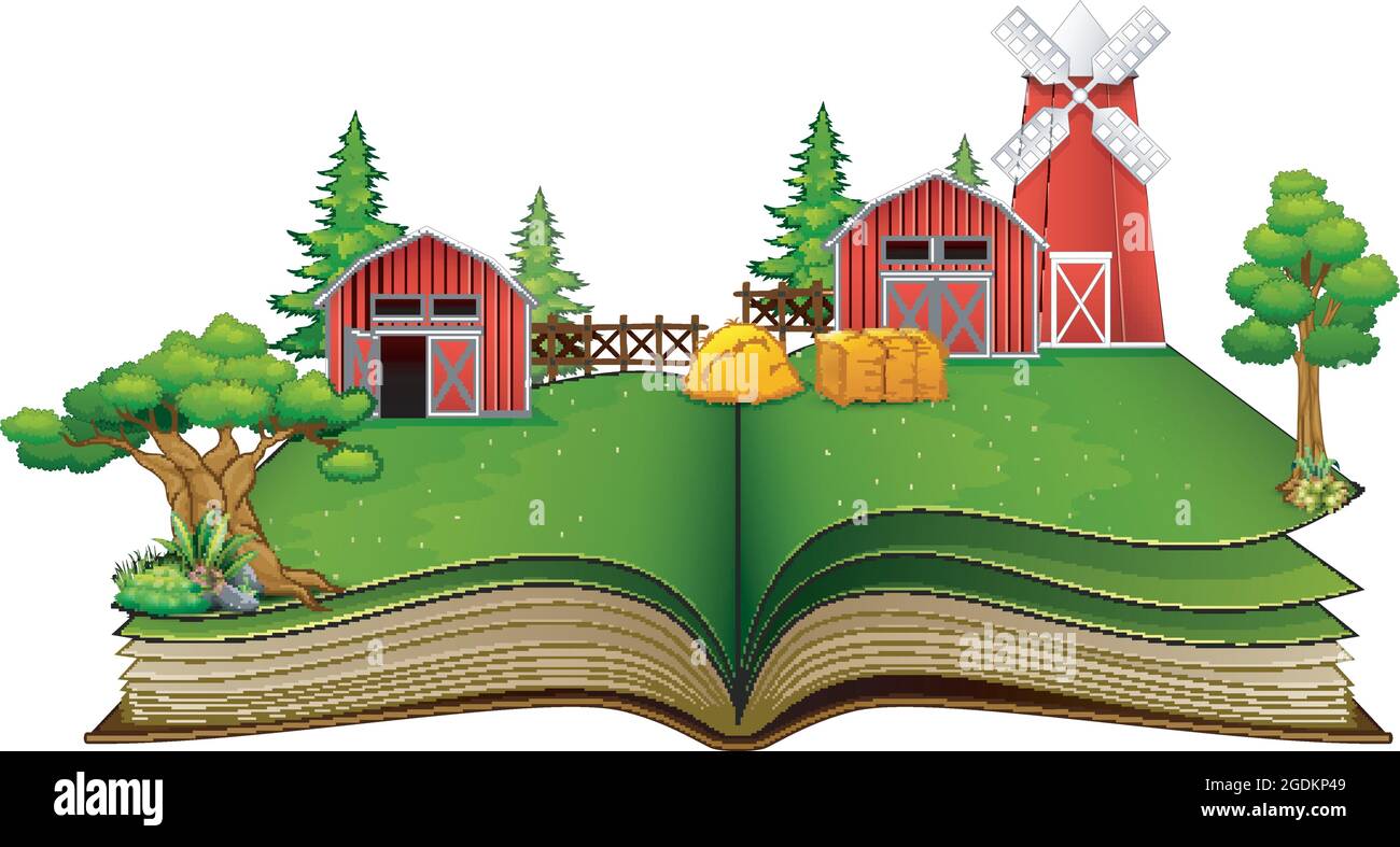 Libro aperto con la scena della fattoria, fienile e alberi su uno sfondo bianco Illustrazione Vettoriale