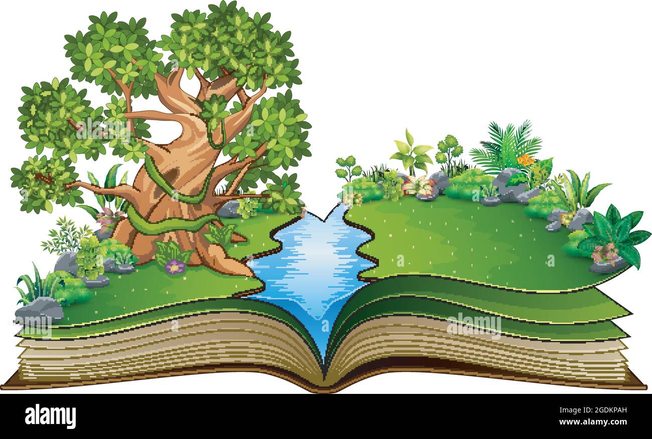 Apri libro con animali cartoni animati sugli alberi Immagine e Vettoriale -  Alamy